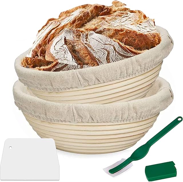 Banneton Bread Proofing Baskets, CHUSSTANG 2PCS 10" /25cm Round Sourdough Proving Baskets, Natural Rattan Bread Proofing Basket Tools Sets with 2*Linen Liner Cloth+ Bread Lame + Dough Scraper