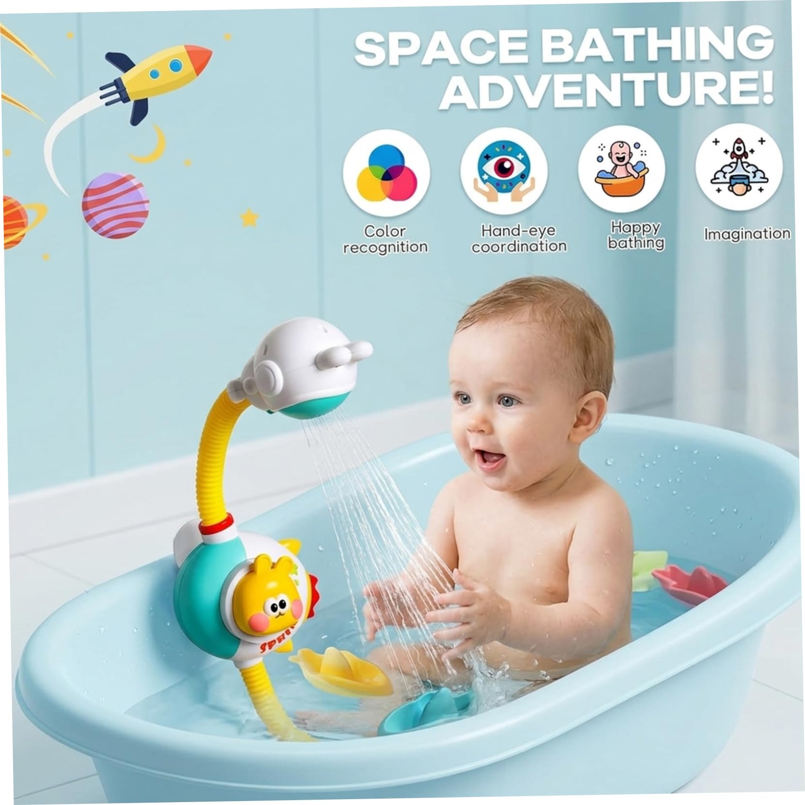 Giocattoli da bagno per bambini da 1 a 3 anni, soffione doccia a forma di coniglio con batteria ricaricabile, giocattoli da bagno per bambini da 3 5 anni, modalità manuale e ricaricabile, sciacquat