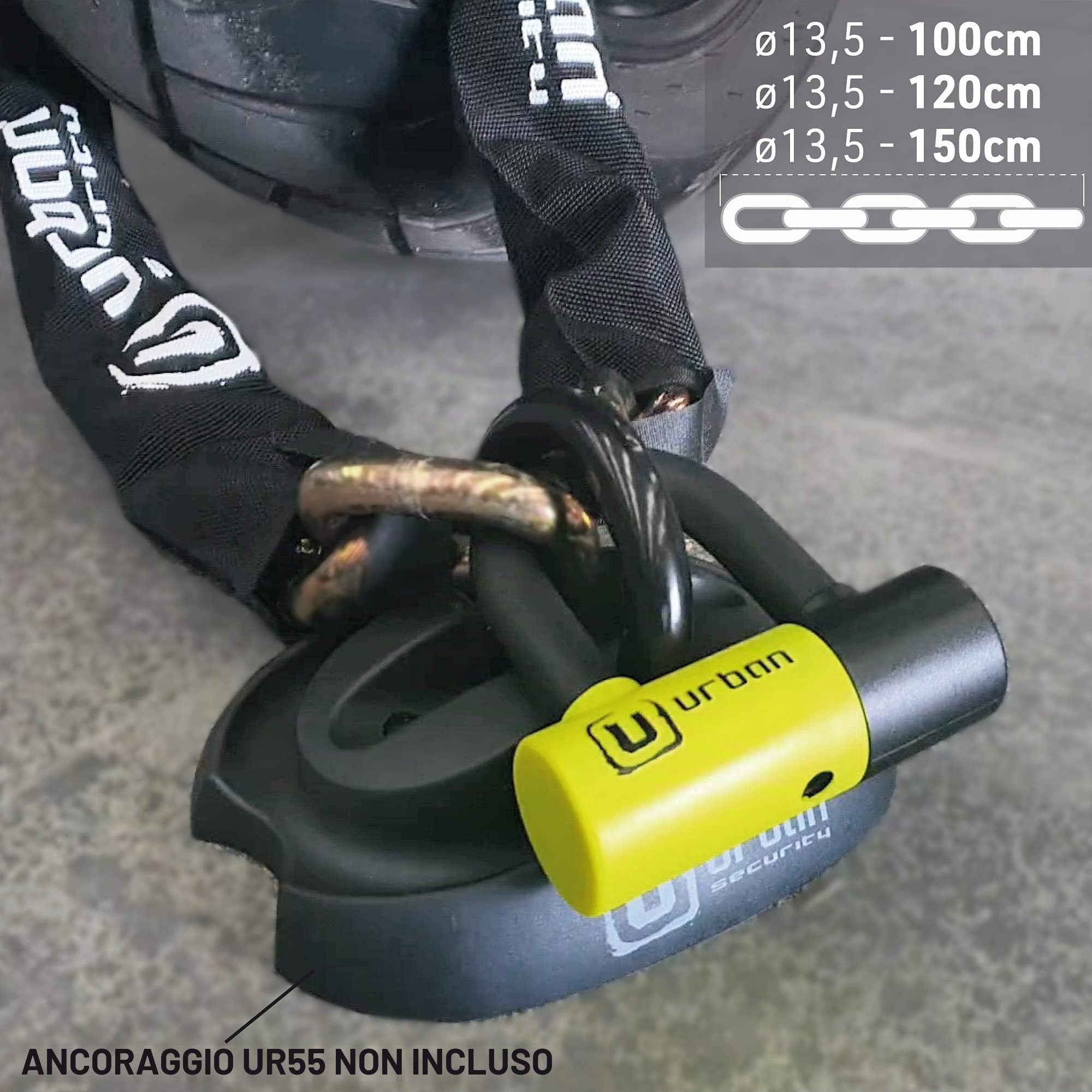 URBAN UR59K100 - Antifurto per moto, catena ad alta sicurezza, in acciaio speciale temprato da 13,5 mm e solido lucchetto Mini U da 14 mm, per moto, scooter e bicicletta elettrica, 100 cm, nero/giallo