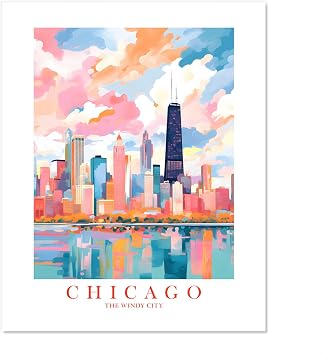 ColorAndFlair Chicago Skyline Wall Art Windy City Painting Pink Orange Teal Print Retro Poster Illinois Travel Print Souvenir 11x14 inches