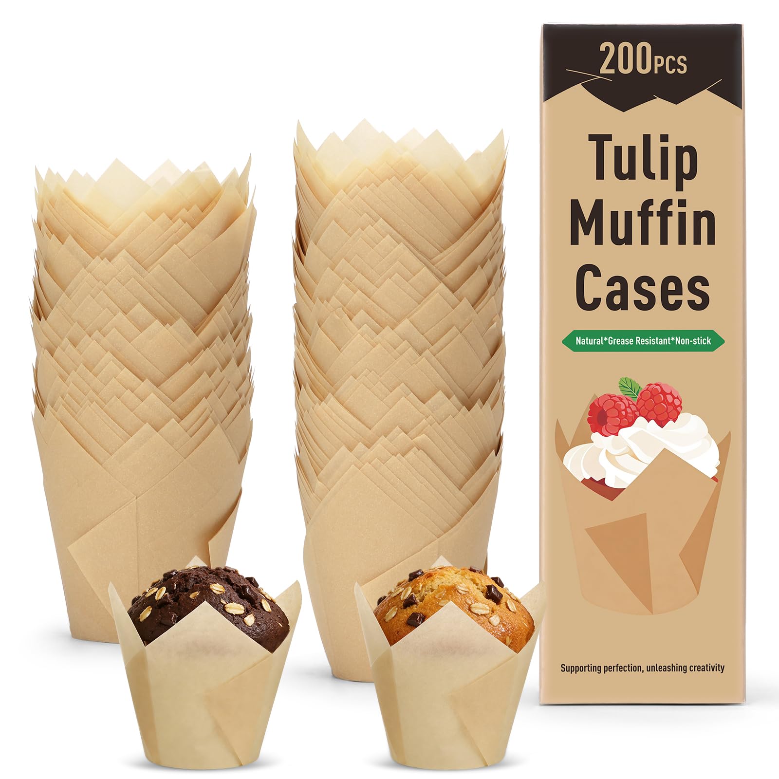Alyvisun 200PCS Tulip Muffin Cases, Greaseproof Baking Cups for Cupcakes, Muffin Liners Paper Cups for Home Baking, Parties and Cafés, Non-Stick Tulip Cupcake Cases in Kraft Box Packaging