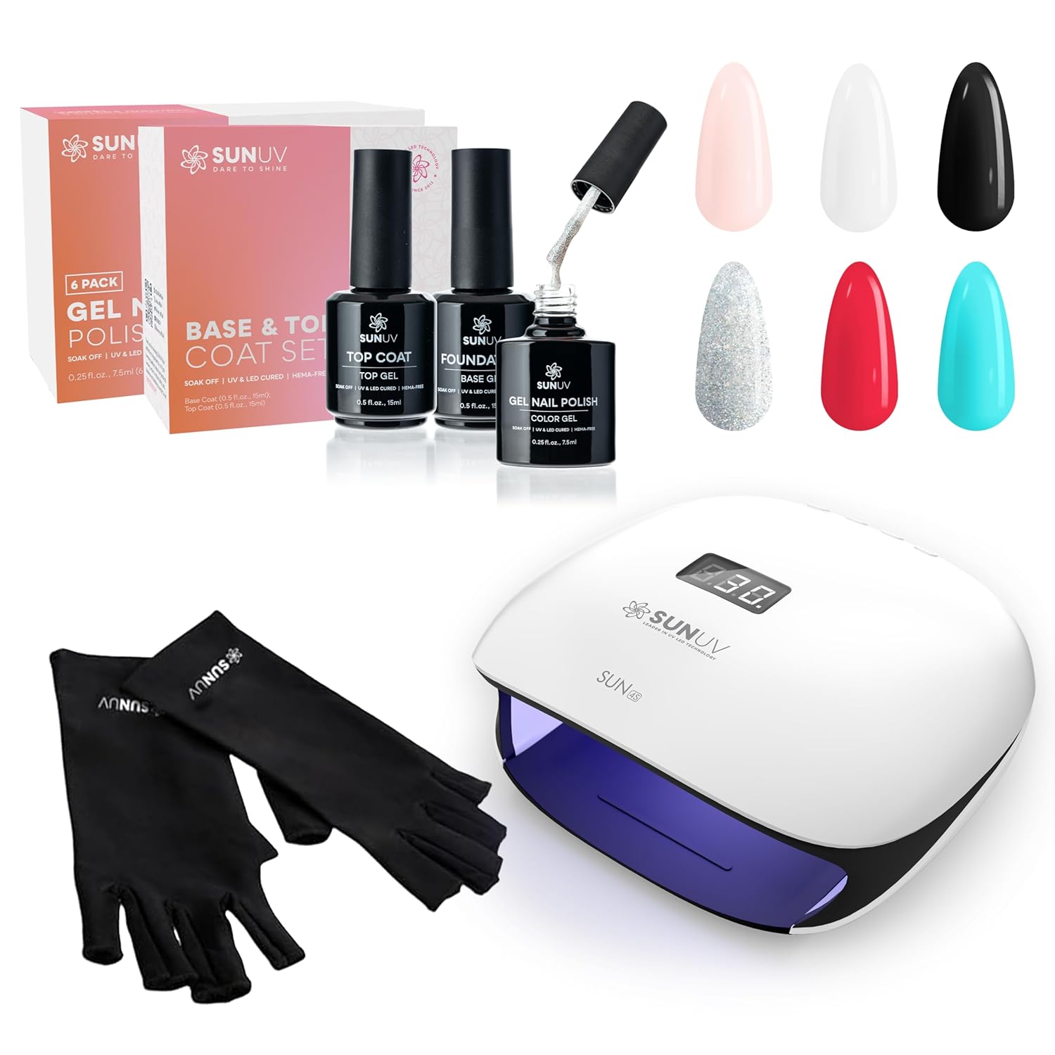 SUNUV 48W UV LED Light Nails Lamp,Hema Free 6 Colors Gel Nail Polish Kit with Top Base Coat and Black Gloves