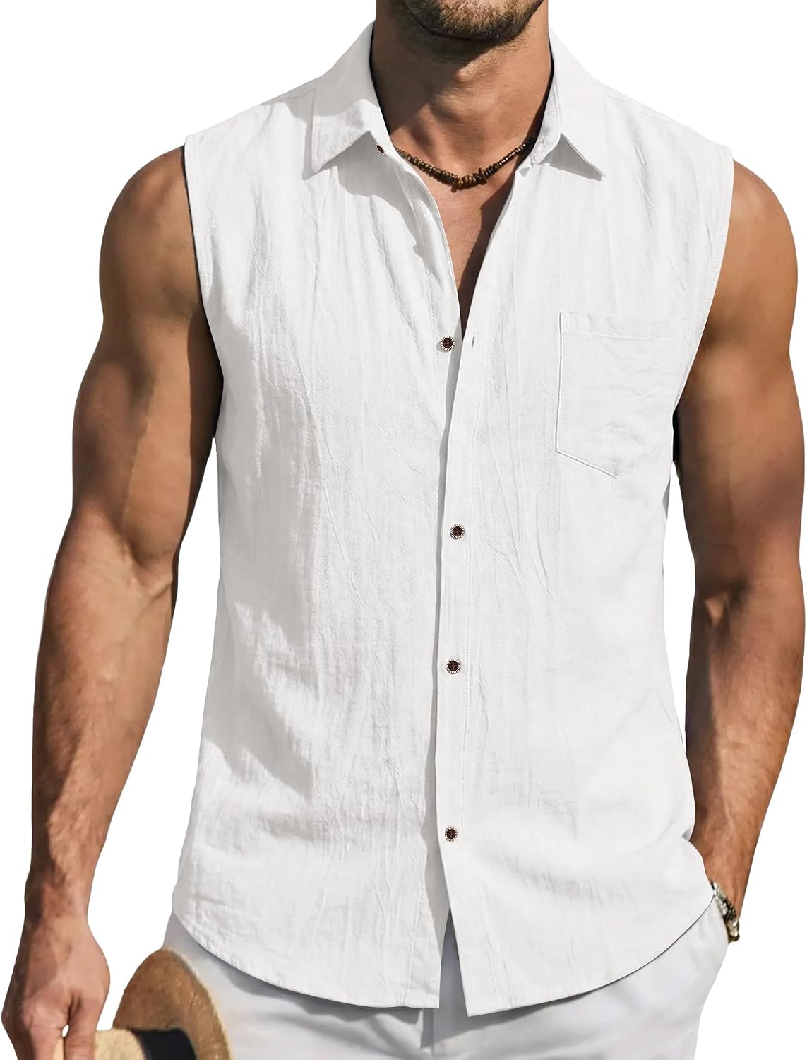 Mens Linen Sleeveless Hoodies Button Down Tank Shirt Summer Casual Beach Lightweight Hawaiian Fashion Tops