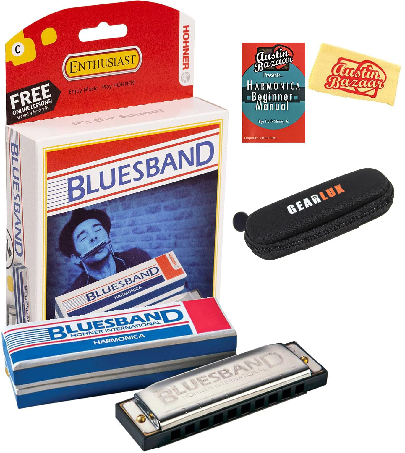 Blues Band Harmonica - Key of C Bundle with Case, Pouch, Online Manual, and Austin Bazaar Polishing Cloth