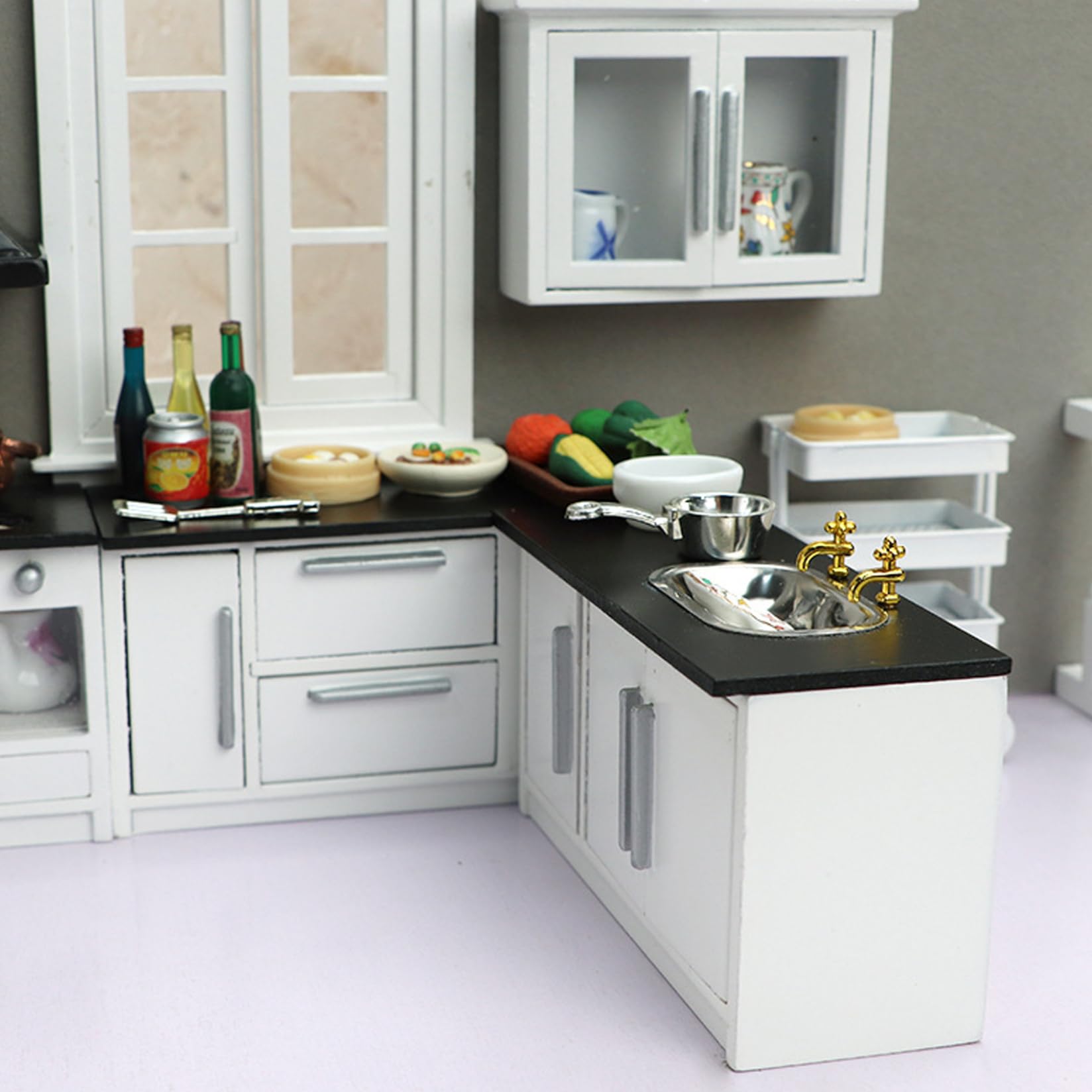 Set da cucina per casa delle bambole in legno, mobili in miniatura 7 pezzi scala 1:12, accessori di simulazione per scene di decorazioni per case delle bambole