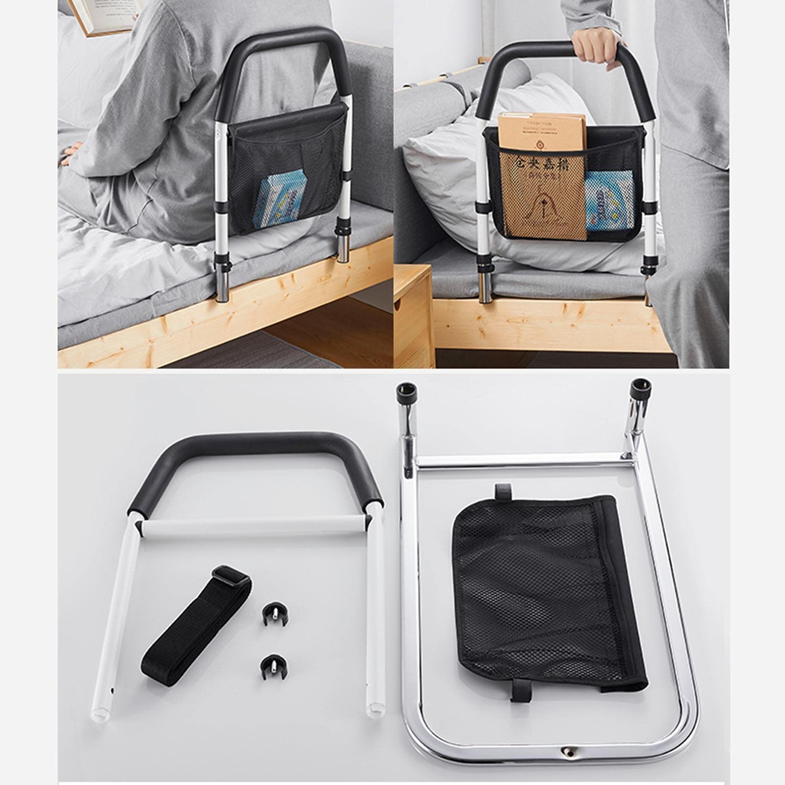 Sponda Letto di Sicurezza, Aiuto alla Mobilità con Utile Tasca Portaoggetti, Maniglia per Binario di Aiuto al Letto Carico Massimo 136KG