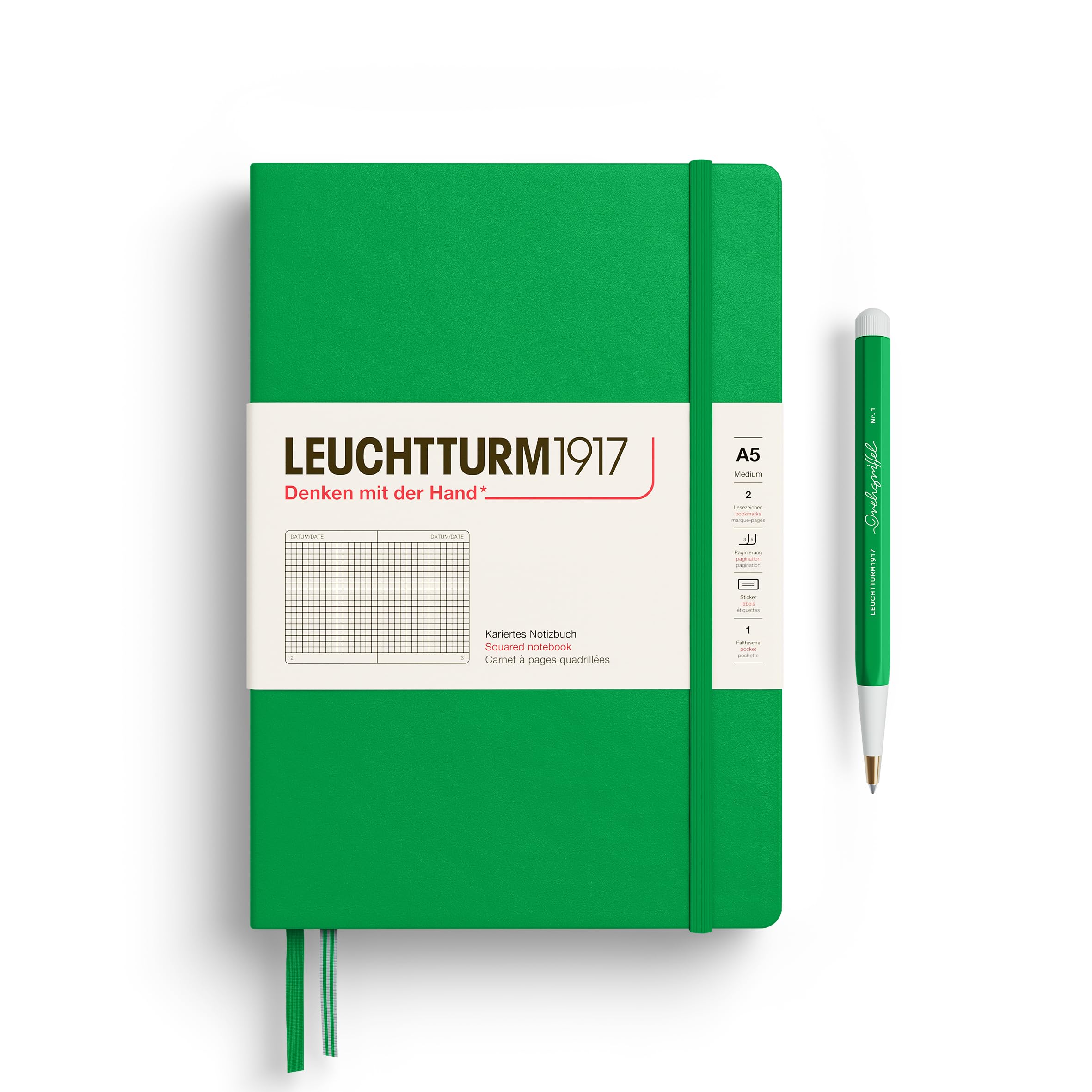 LEUCHTTURM1917 372195 Taccuini Medium A5, Copertina rigida, 251 pagine numerate, Spring Leaf, Quadretti