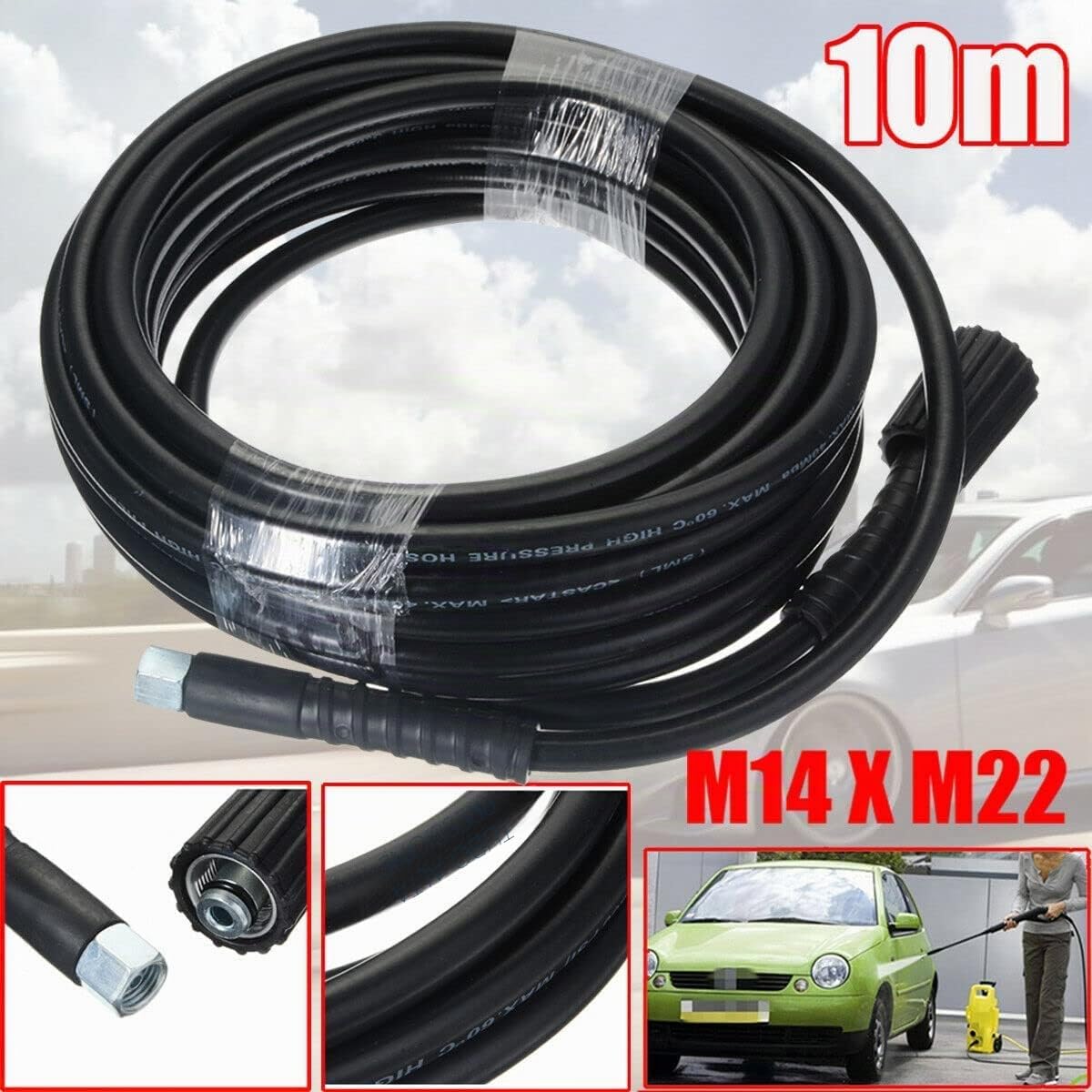 YUET Tubo Flessibile per idropulitrici 10M, Tubo per Idropulitrice, M14 x M22 (14 mm), per il Lavaggio dell'auto e la Pulizia del Giardino