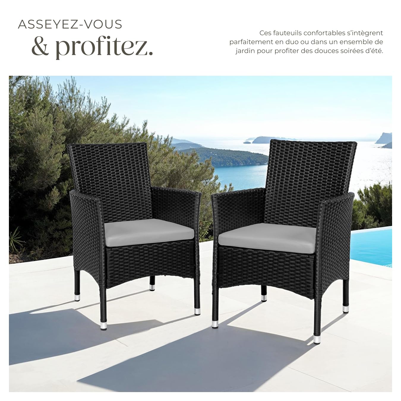 tectake® Ensemble de 2 Fauteuils Confortables avec Accoudoirs pour Salon de Jardin Exterieur ou Intérieur en Poly Rotin, 2 Sets de Housses & Coussins Inclus, Mobilier de Jardin