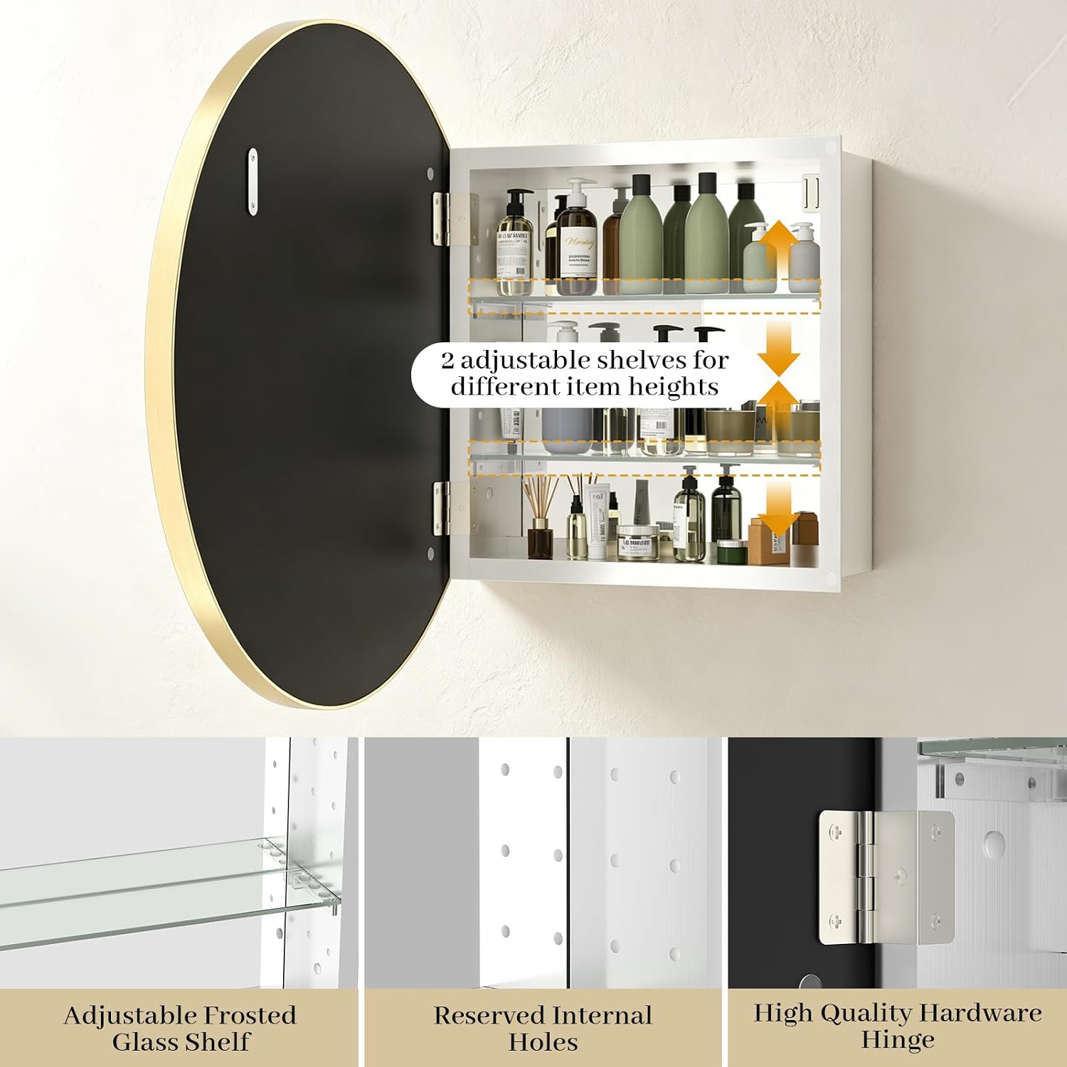 WallBeyond Bathroom Medicine Cabinet with Mirror, 24 Inch Gold Round Mirror Medicine Mabinet Wall Mounted with Aluminum Alloy Metal Framed, Surface Mount Medicine Cabinet with Storage