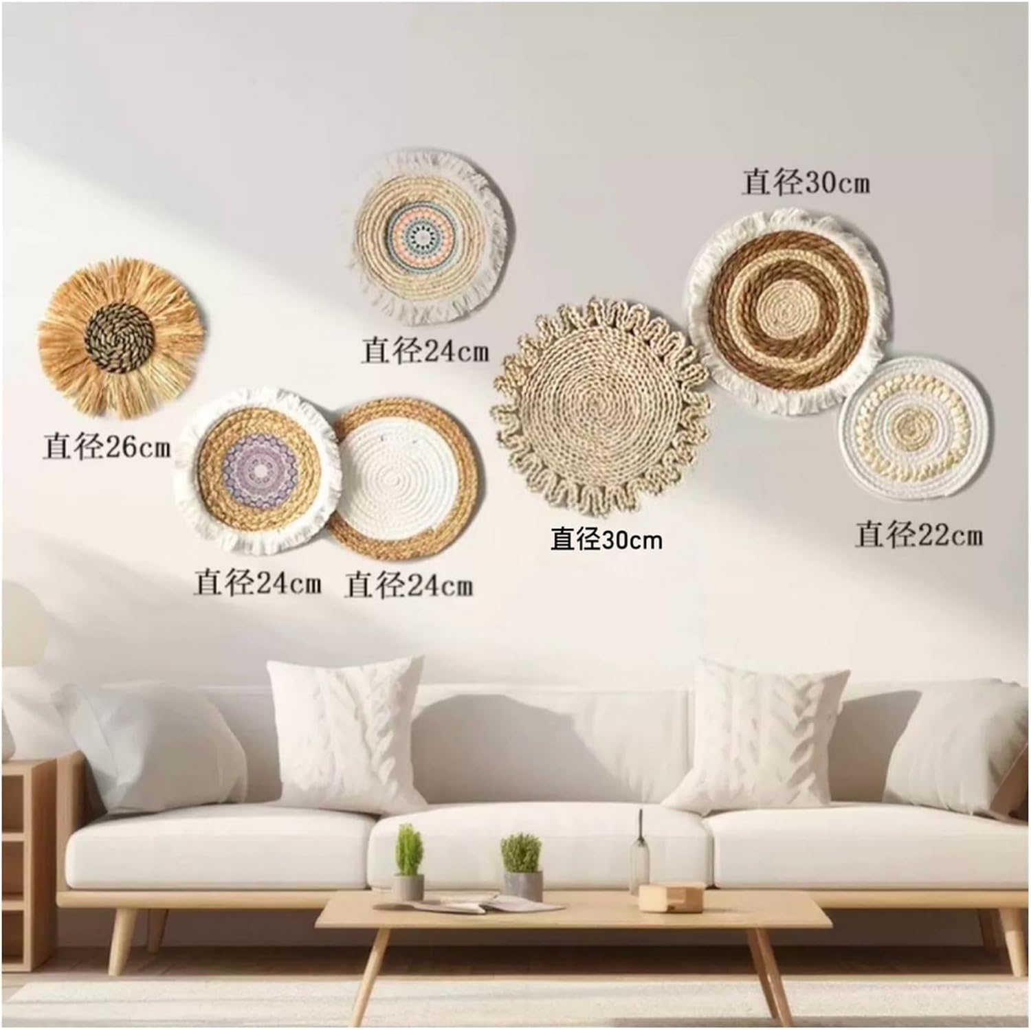 Boho Woven Wall Baskets Set, Handcrafted Natural Seagrass Rattan Wall Decor for Living Room Bedroom, Rustic Wicker Wall Art(Walldecoration7-J)