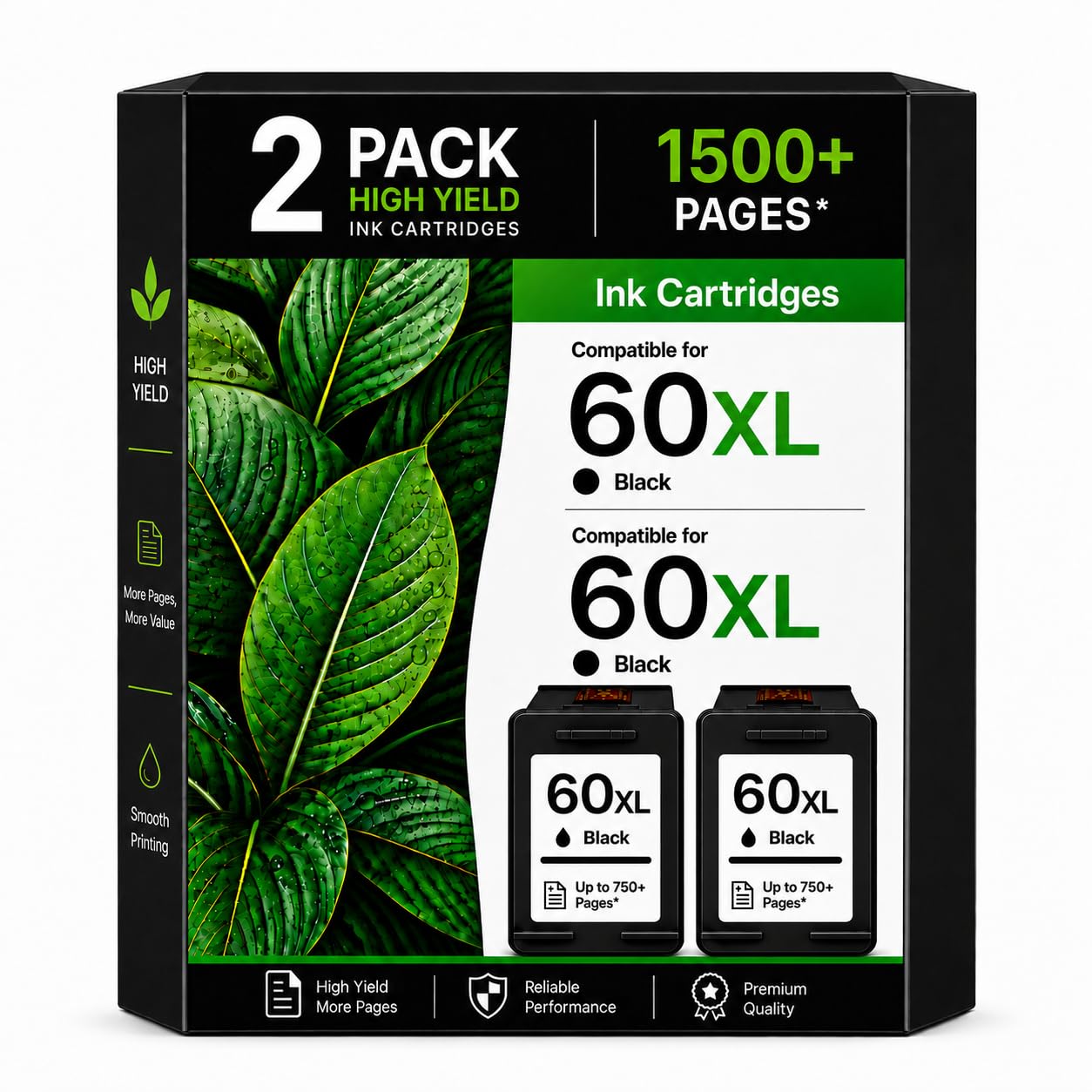 60XL Black Ink Cartridge Replacement for HP 60 Ink 60XL hp60 Ink Cartridges Compatible with HP DeskJet F4480 F4280 F4440 F4580, PhotoSmart C4780 C4680 C4795 D110a Envy 100 110 120 Printer (2BK)