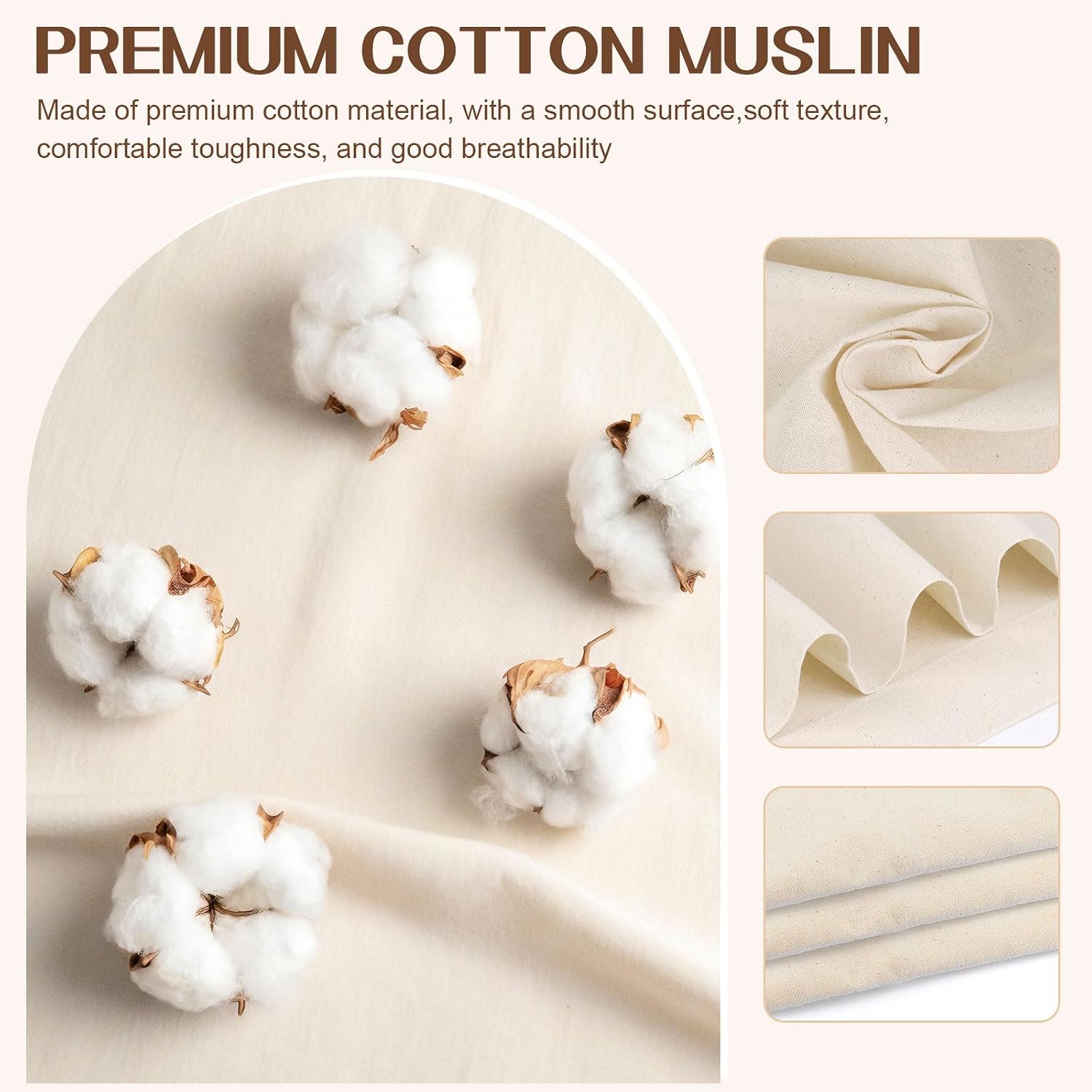 100% Cotton Muslin Fabric, 63 Inch X 1.9 Yards Natural Unbleached Muslin Fabric By the Yard, Premium Medium Weight Draping Fabrics Material for Sewing, Quilting, Embroidery, Craft Projects