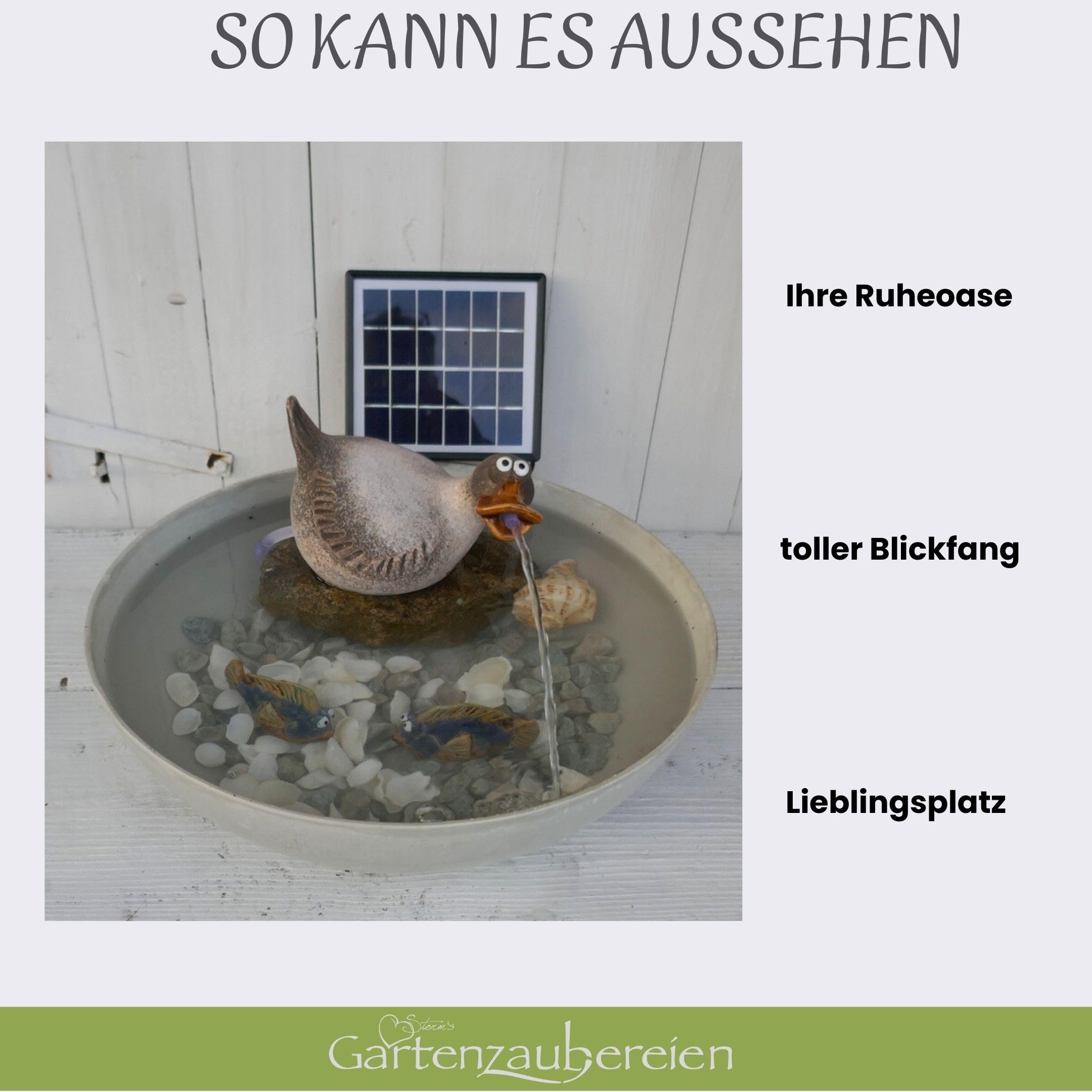 Storm's Gartenzaubereien Solar Wasserspeier Ente - Keramikfigur für Teiche und Miniteiche - 17cm x 12cm - Handbemalt, Wetterfest - für Gartendeko und Balkon