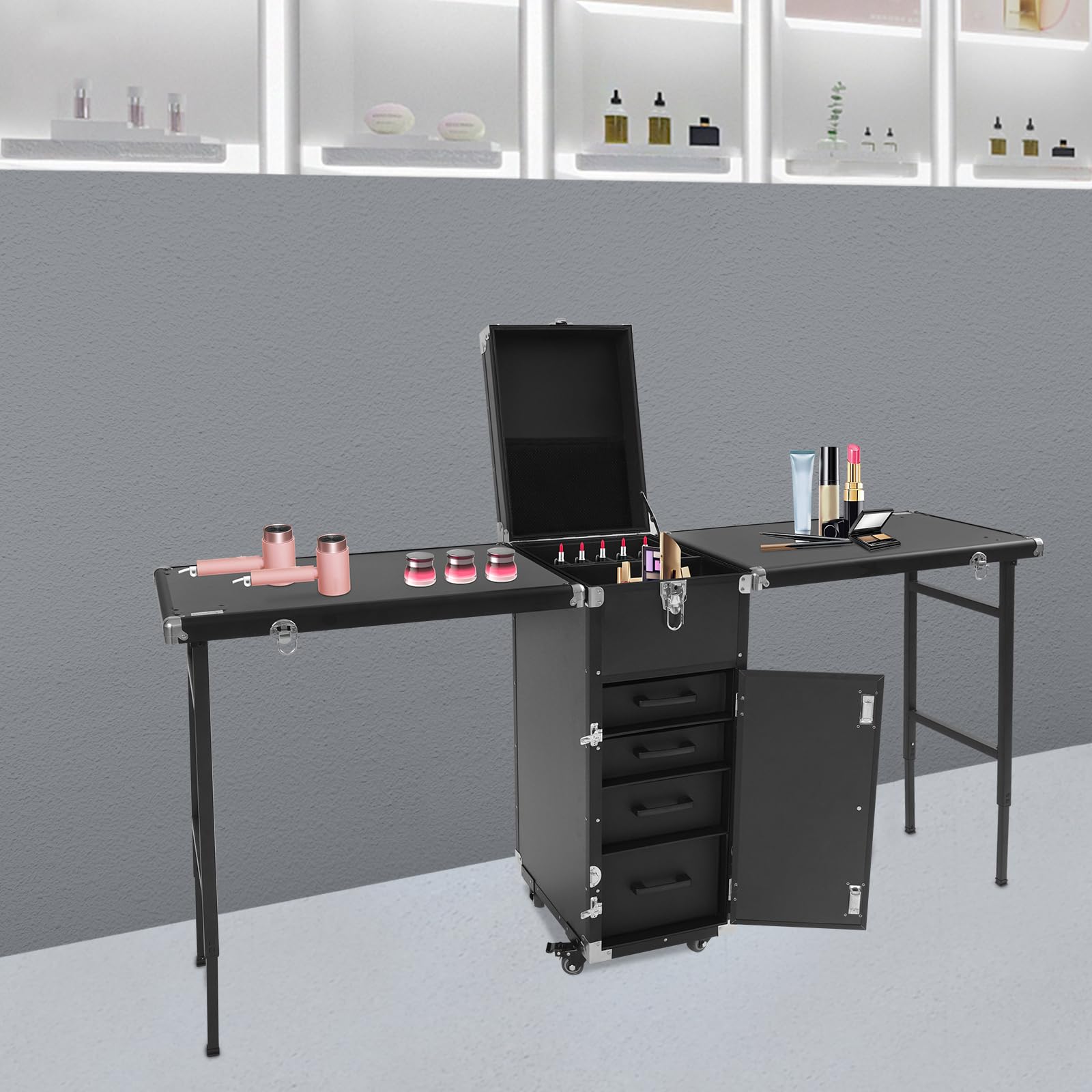 Professioneller Kosmetikkoffer Trolley, 2 In 1 Tragbarer Nageltisch Schminkkoffer Aluminium Nagelkoffer Große Friseurkoffer mit 2 klappbare Tischplatten, 4 Schubladen, Stützbeinen und Rollen
