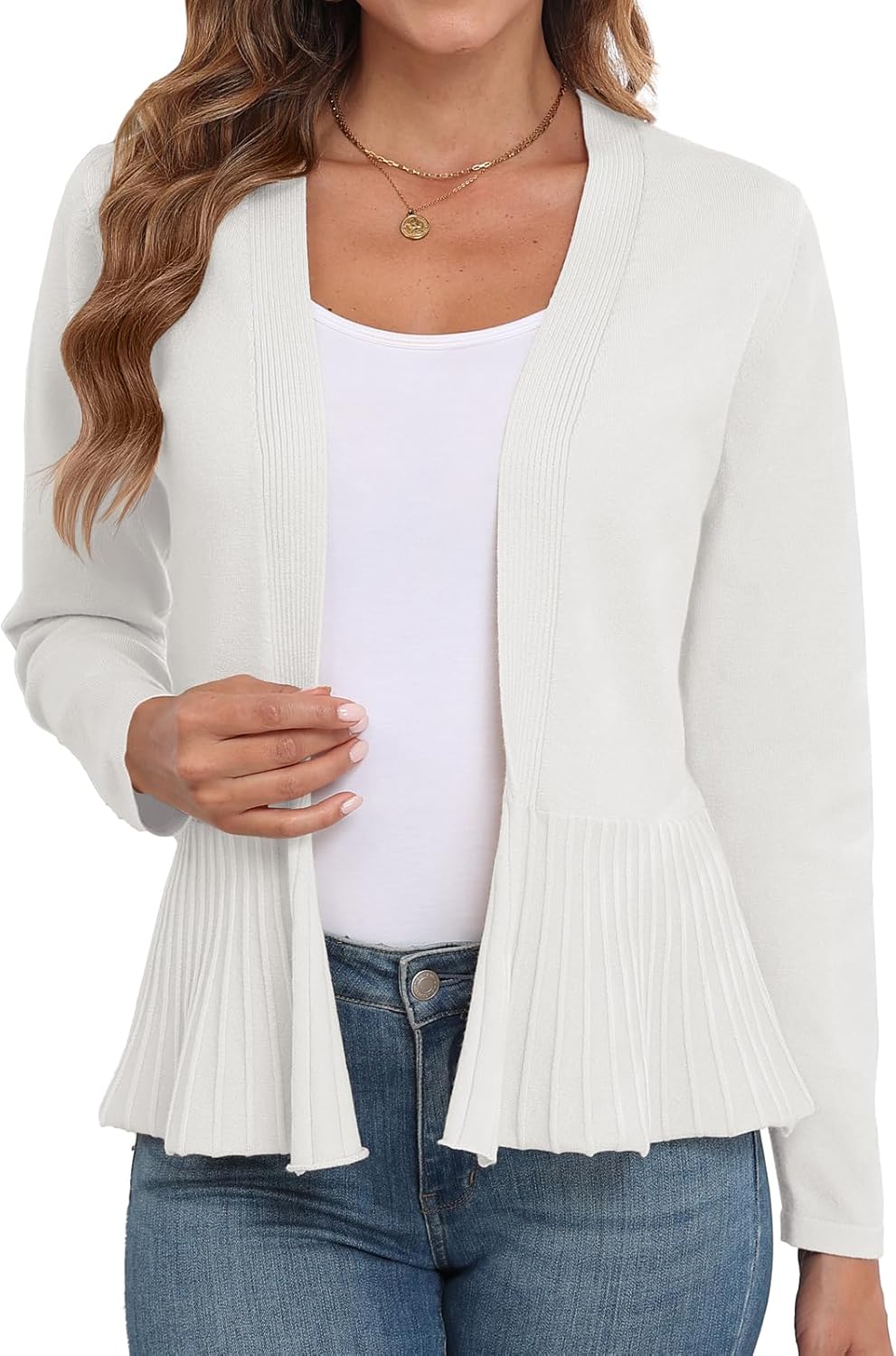 GRECERELLE Women Lightweight Casual Long Sleeves Cropped Cardigan Open Front Peplum Knit Sweater Outwear - Image 3