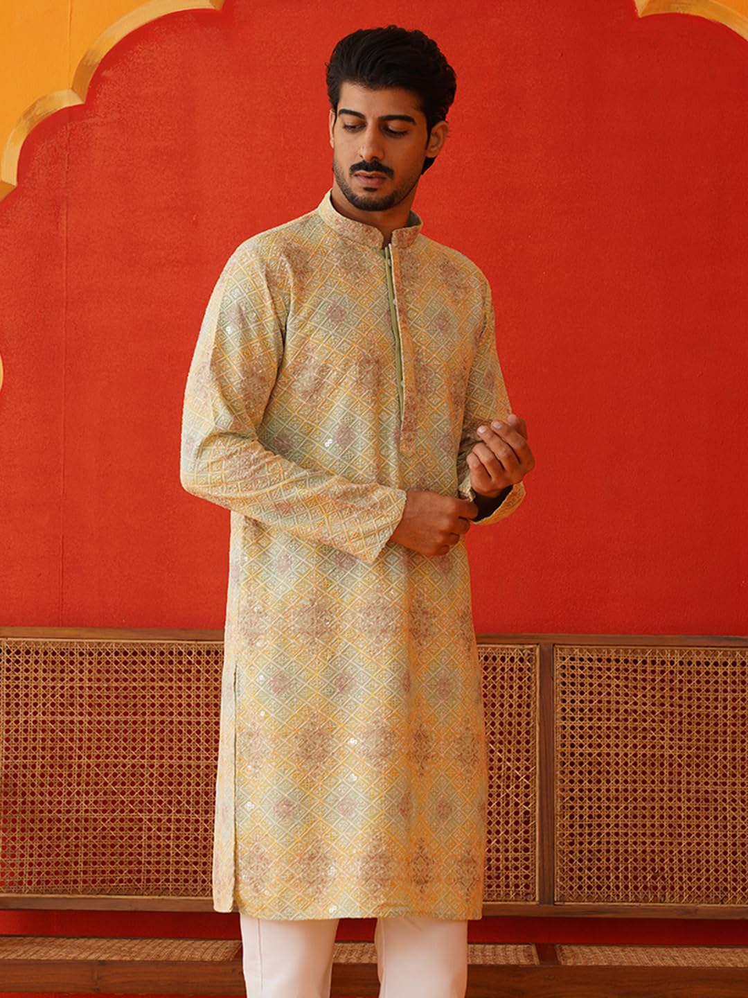 Jompers Pista Embroidered Staight Kurtas For Men (Pista, S)