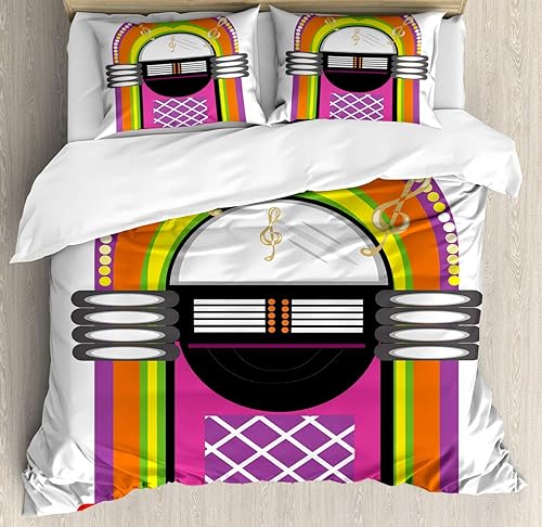 Miniatura 18 de Ambesonne Jukebox Duvet Cover Set, Digital Retro Print Party Themed Old Antique Music Radio, Decorative 3 Piece Bedding Set with 2 Pillow Shams,