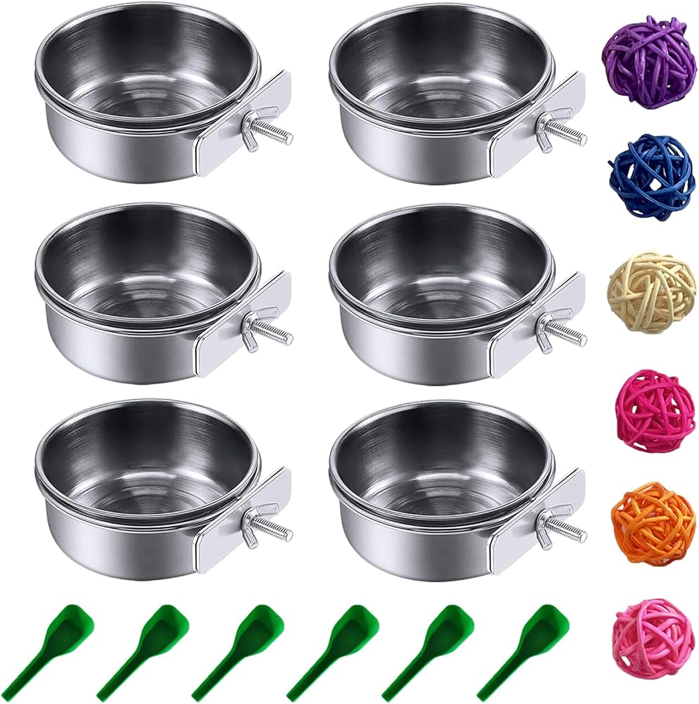 PINVNBY 6 Pieces Stainless Steel Bird Feeding Dish Cups,Parrot Feeder Parakeet Food Water Bowls with Clamp Holder & 6 Pcs Bird Spoon & 6 Pcs Birds Ball Toys for Budgies Macaw Small Animal(S) — 사진 1