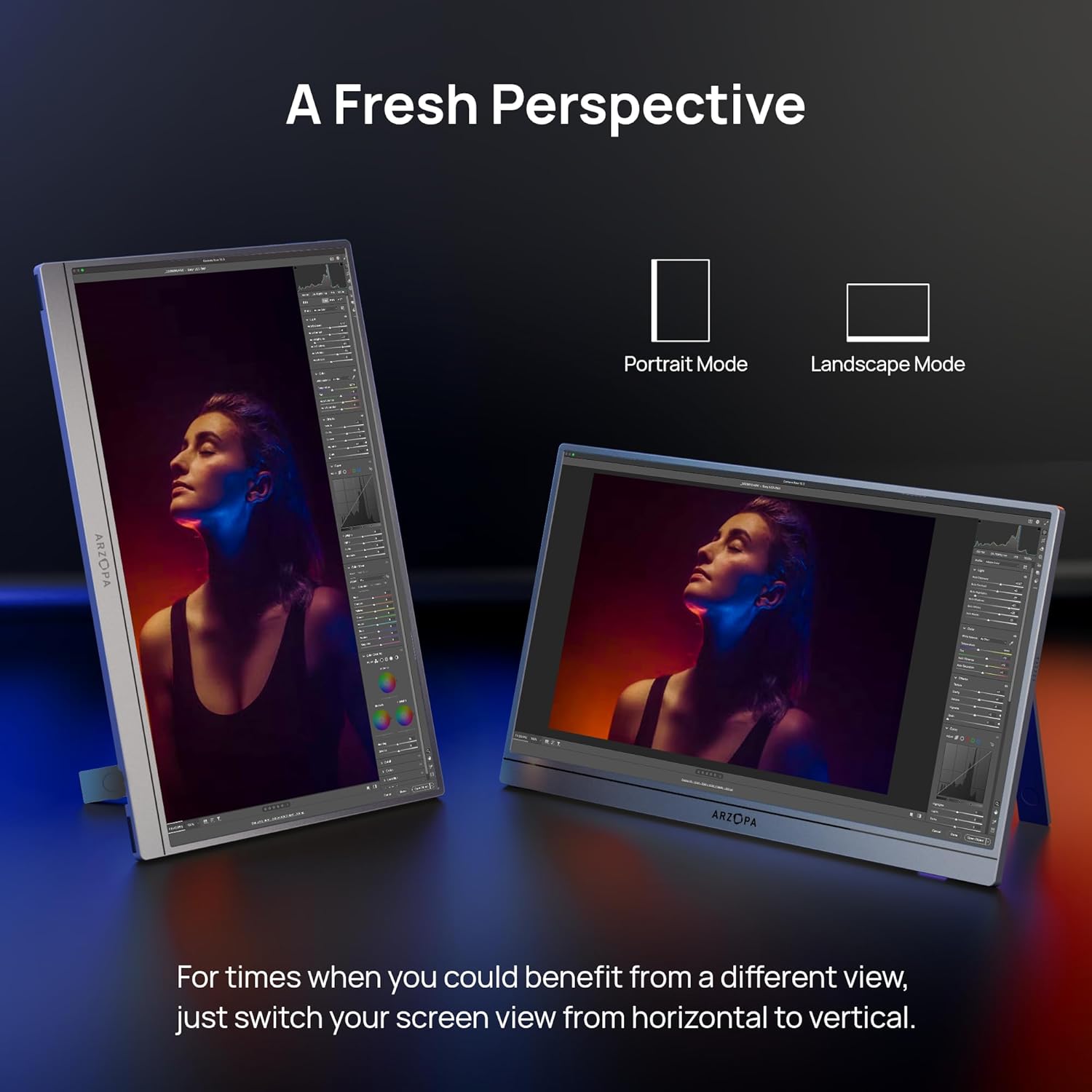 ARZOPA portable monitor displayed in both portrait and landscape modes.