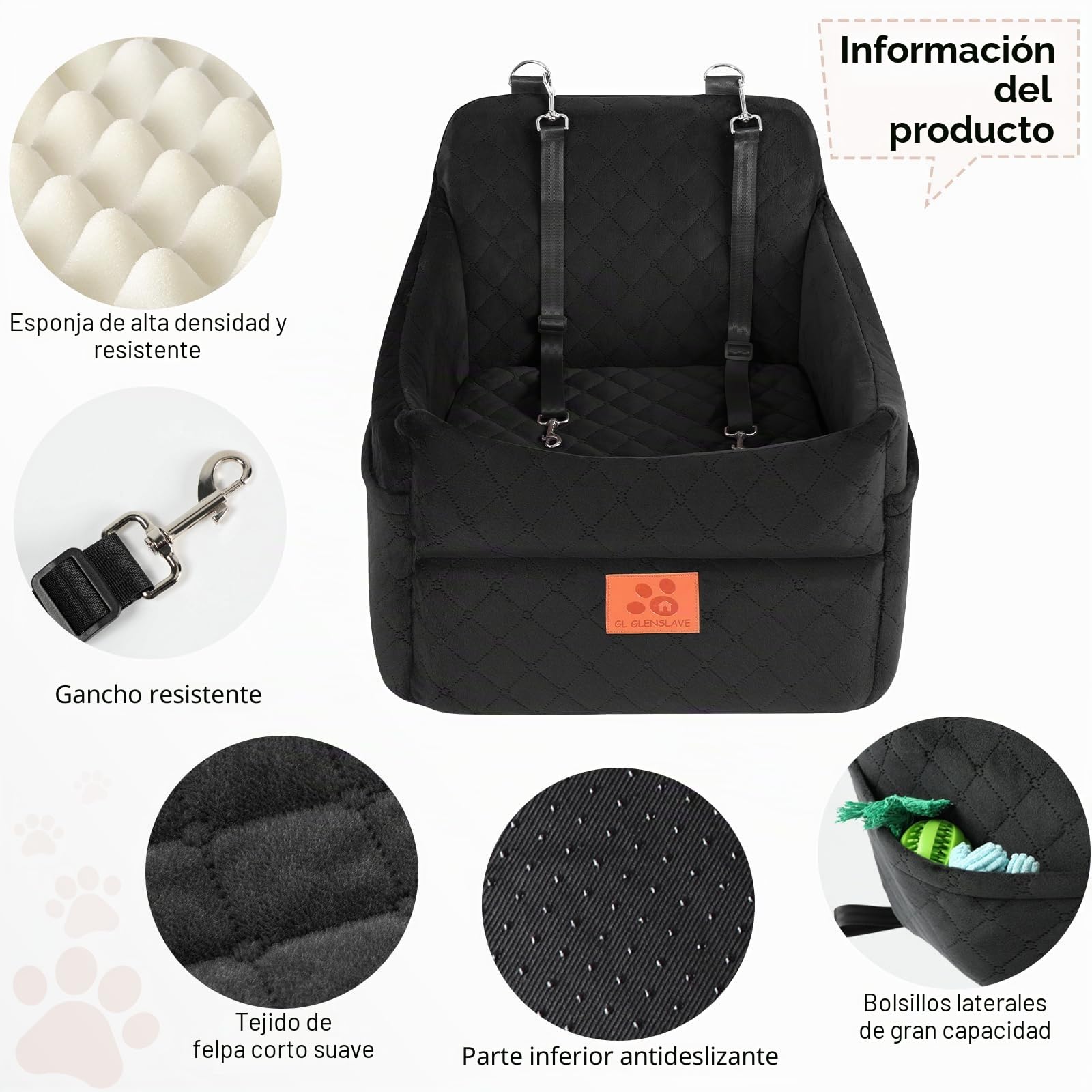 GL GLENSLAVE Asiento de coche para perros pequeños y medianos, asientos de coche elevados para perros con cojín grueso para perros de menos de 35 libras, asiento de coche desmontable lavable para