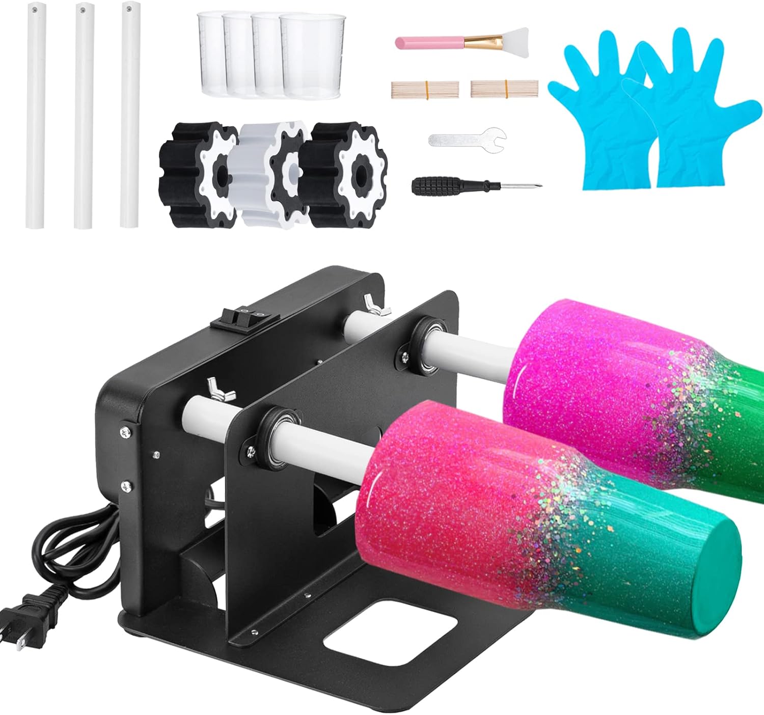 Cup Turner Tumbler Spinner Double Matal Frame Crafts Tumbler Double Cuptisserie Turner for DIY Epoxy Machine with Professional Silent Balance Steering Shaft and Independent Switch