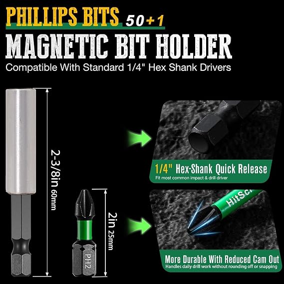 50 Pcs Phillips Bits #2 Impact 1 + Magnetic Bit Holder, S2 Steel Magnetic Screwdriver Bits for Impact Drivers, Home Repair & DIY Use