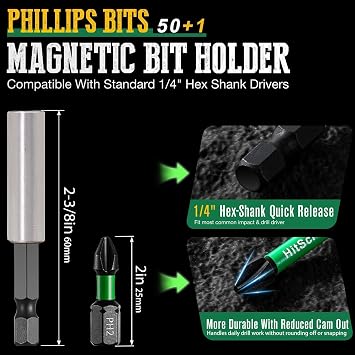 50 Pcs Phillips Bits #2 Impact 1 + Magnetic Bit Holder, S2 Steel Magnetic Screwdriver Bits for Impact Drivers, Home Repair & DIY Use