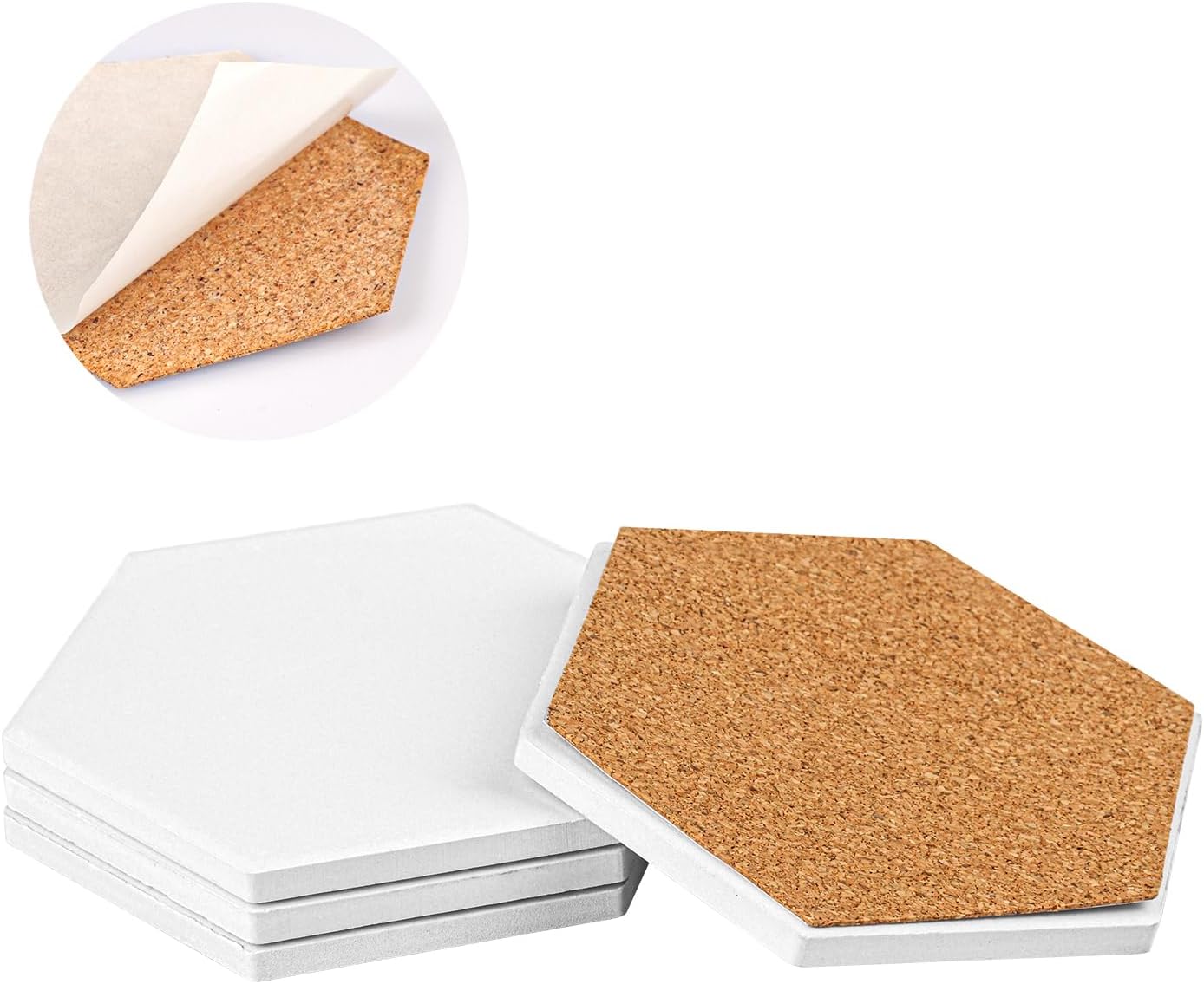 50枚パック 4インチ 六角形セラミックタイル クラフト用 コルクバッキングパッド付きブランクセラミックコースター 絵画、アルコール