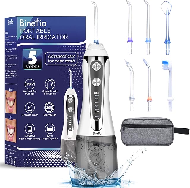 Water Flosser for Teeth Cordless with 5 Modes, Binefia 360° Rotation Oral Irrigator, IPX7 Waterproof, 300ML & 6 Jet Tips Water Pick Teeth Cleaner, USB Rechargeable for 35-Days Use at Home/Travel