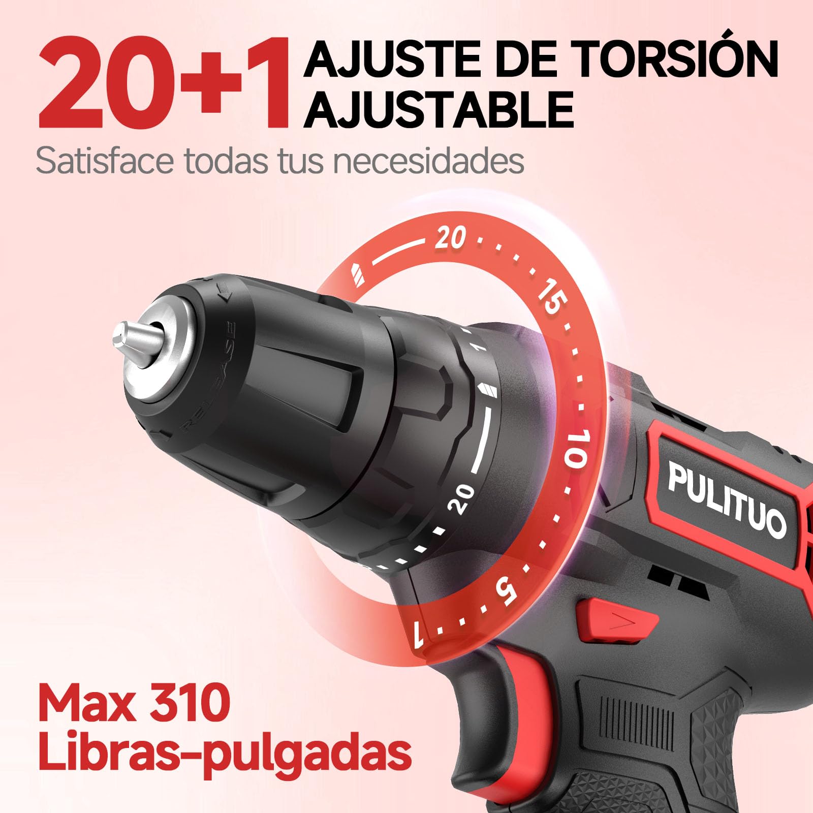 PULITUO 20V Taladro Percutor a Batería, Taladro Atornillador Batería c/ 2x2,0Ah, Portabrocas de 3/8", 2 Velocidades, 21+1 Pares, Con Set de Accesorios de 42 Piezas, Kit de Reparación Doméstica