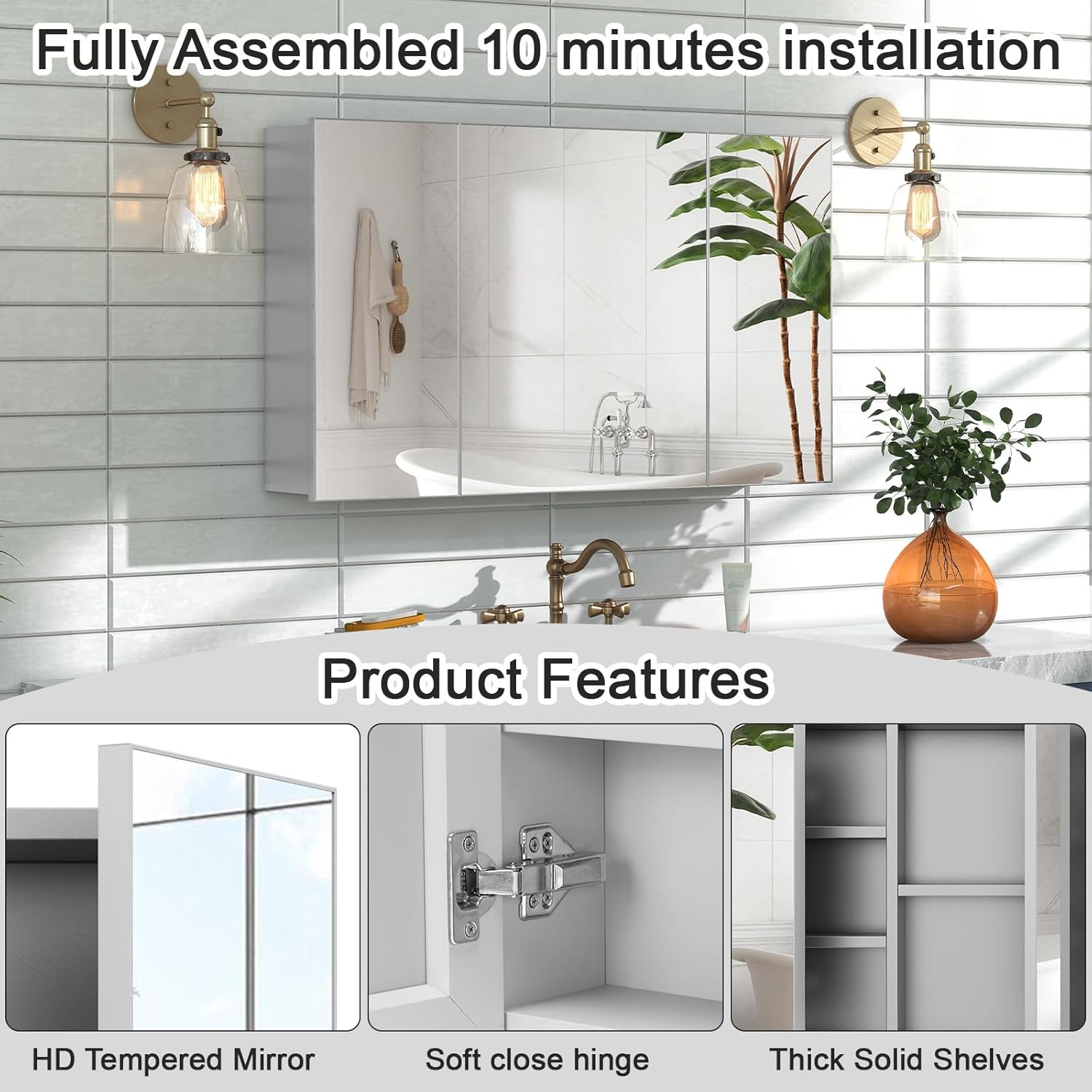 Medicine Cabinet Mirror with Storage - 28x40 Inch Pre-Assembled Medicine Cabinets Mirror for Bathroom, Surface/Recessed Wall Mounted Farmhouse Large Medicine Cabinet, Sliver