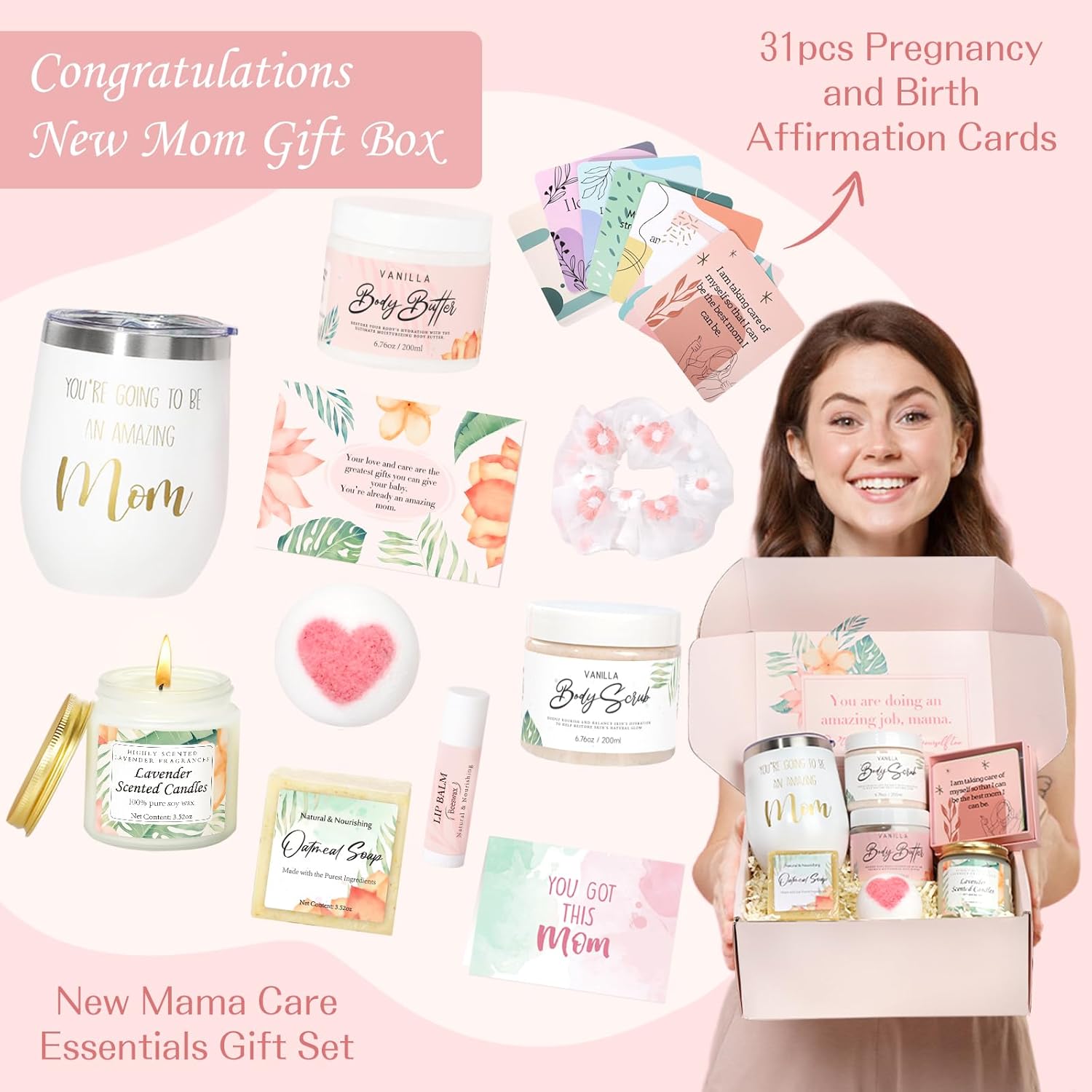 New Mom Gifts for Women, Pregnancy Gifts for Expecting Mom, new Mom Care Package After Baby, Mothers Day Mom to Be Gift Mama Must Haves with Affirmation Cards Candle for Self Care After Birth (Pink)