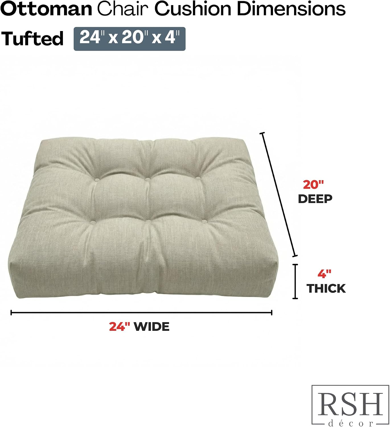 RSH DECOR: Tufted Ottoman Cushion | 24" x 20" | Performance Fabric | Water-Resistant | Outdoor Replacement Cushion for Patio Furniture | Made in USA (Spectrum Dove)