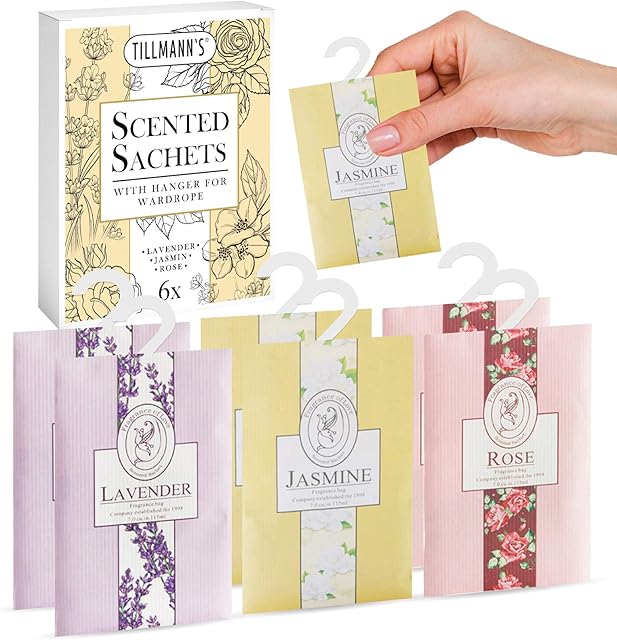 TILLMANN'S Wardrobe Fresheners 6 Pack - Lavender - Jasmine - Rose | Scented Sachets For Wardrobes And Drawers | Wardrobe Smellies | Wardrobe Fresheners Hanging