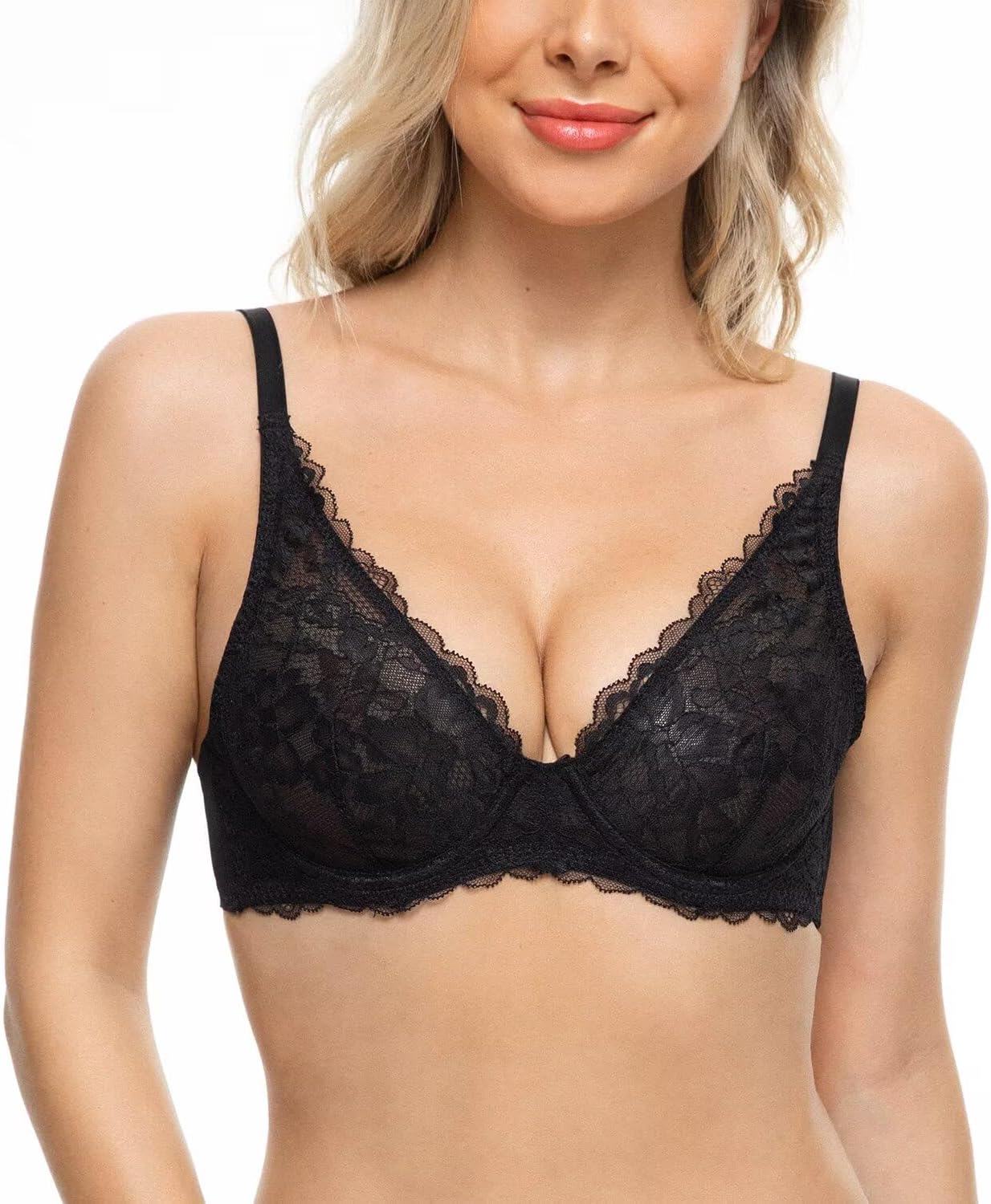 Deyllo Women's Sexy Lace Bra Non-padded Underwire See through Unlined Bra Mesh Sheer Plunge Low Cut Bralettes