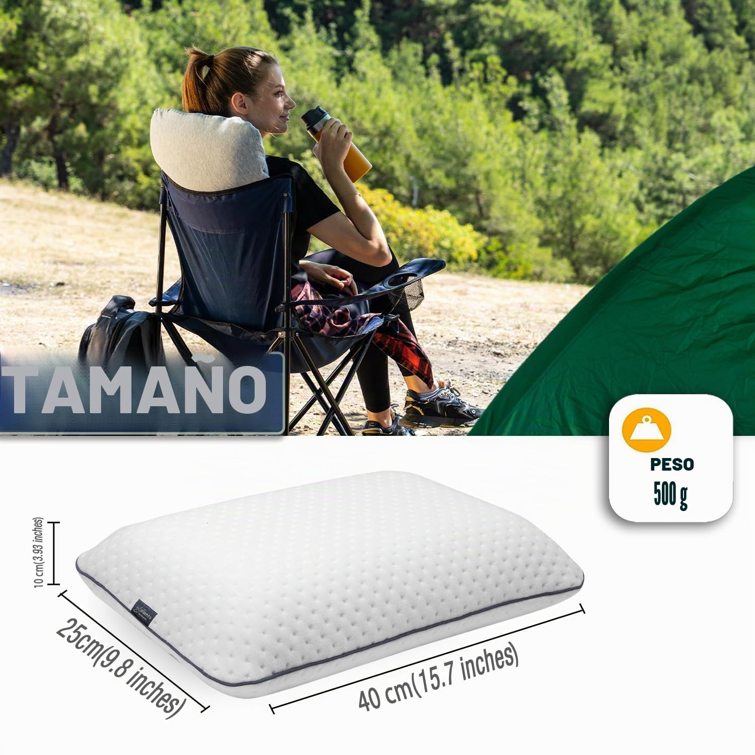 alkamto Almohada de Viaje Almohada de Camping – Espuma viscoelástica con Funda de algodón Adicional – Bolsa incluida