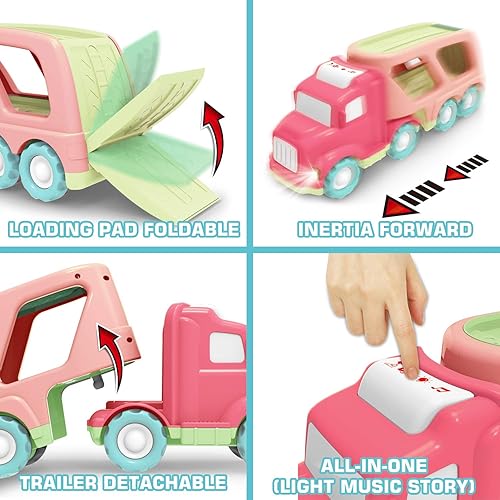 Miniatura 5 de Juego de juguetes de transporte (5 en 1) con luces y sonidos, juguete rosa para niñas pequeñas, camión de transporte de doble capa alimentado por