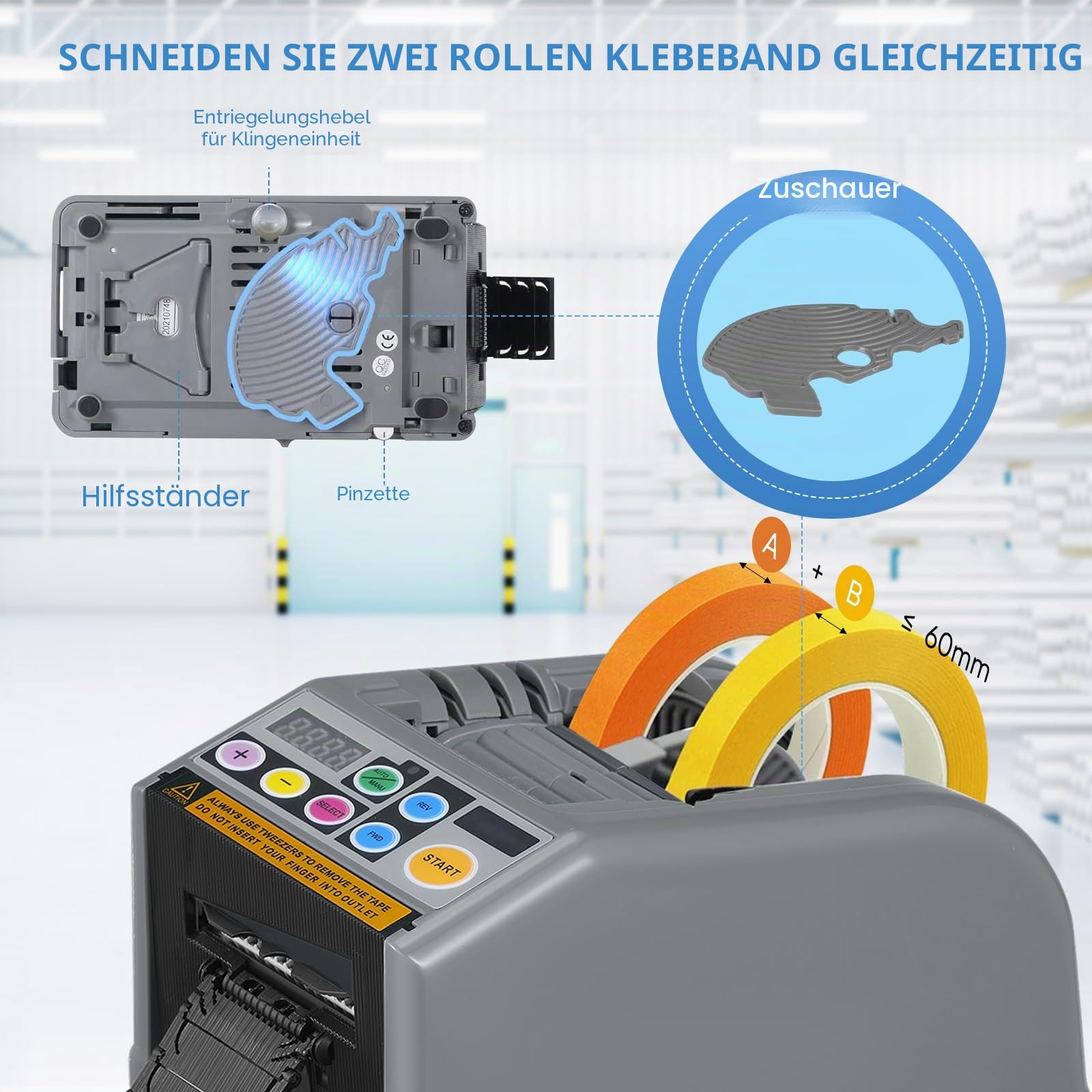 Automatischer klebebandabroller, Verbesserter Automatische Elektrischer Bandspender mit Silikongetriebe für Bandbreite 6-60mm, Länge 999mm MAX, Elektrischer Klebeband-Schneider für Büro