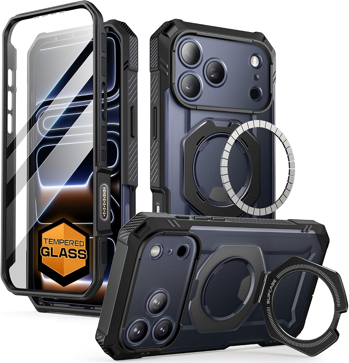 SUPCASE para iPhone 17 Pro Max Funda con protector de pantalla de vidrio templado | Soporte incorporado, cubierta de control de cámara, compatible con MagSafe, agarre antideslizante, protección de grado militar de cuerpo completo, negro