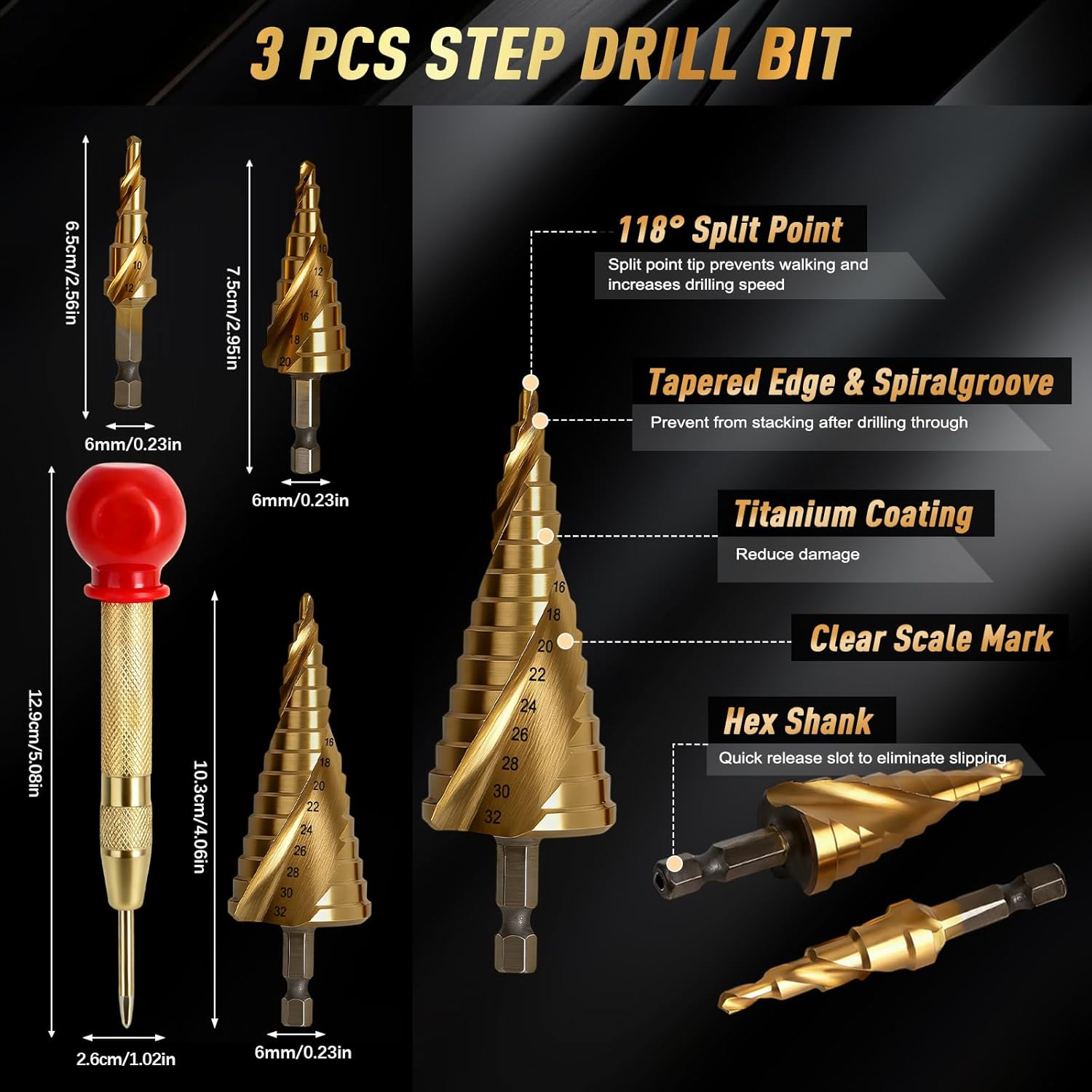 35 PCS Drill Bits Set, 3 Step Drill Bits, 13 Twist Drill Bits, 6 Taps(M3-M10) and 6 Screw Extractors, High Speed Steel Drill Bit Kit Titanium Coated Bits for Plastic Wood Metal, with Storage Bag