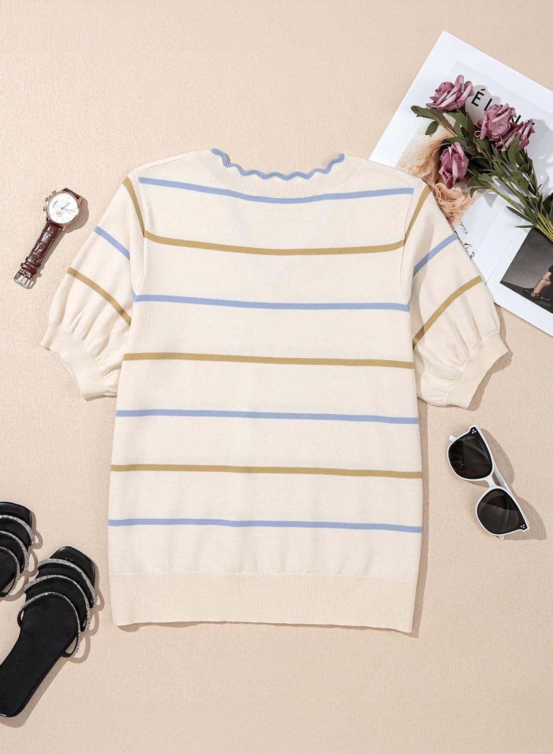 Dokotoo Womens Summer Short Sleeve Knit Tops 2026 Spring Trendy Casual V Neck Striped Sweater Blouses
