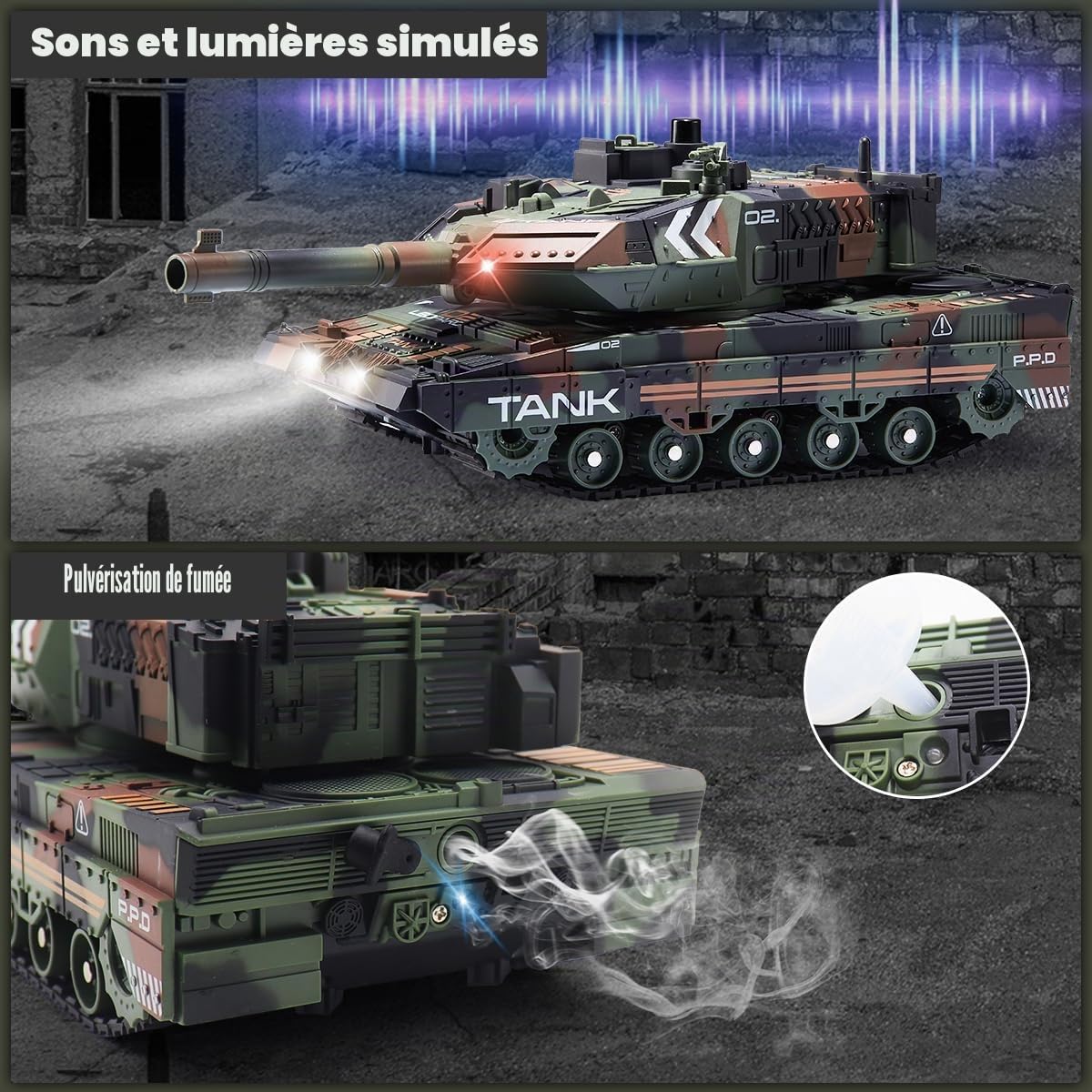 Char télécommandé RC qui tire pour Enfants Adultes, Jouets de char d'armée télécommandés 2,4G avec son de démonstration automatique, lumière, fumée, 13 canaux, modèle de véhicules militaires
