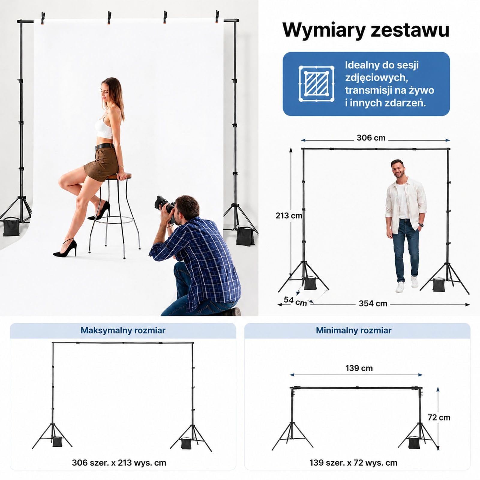 Regulowany system tła do studia fotograficznego, baner i tkanina