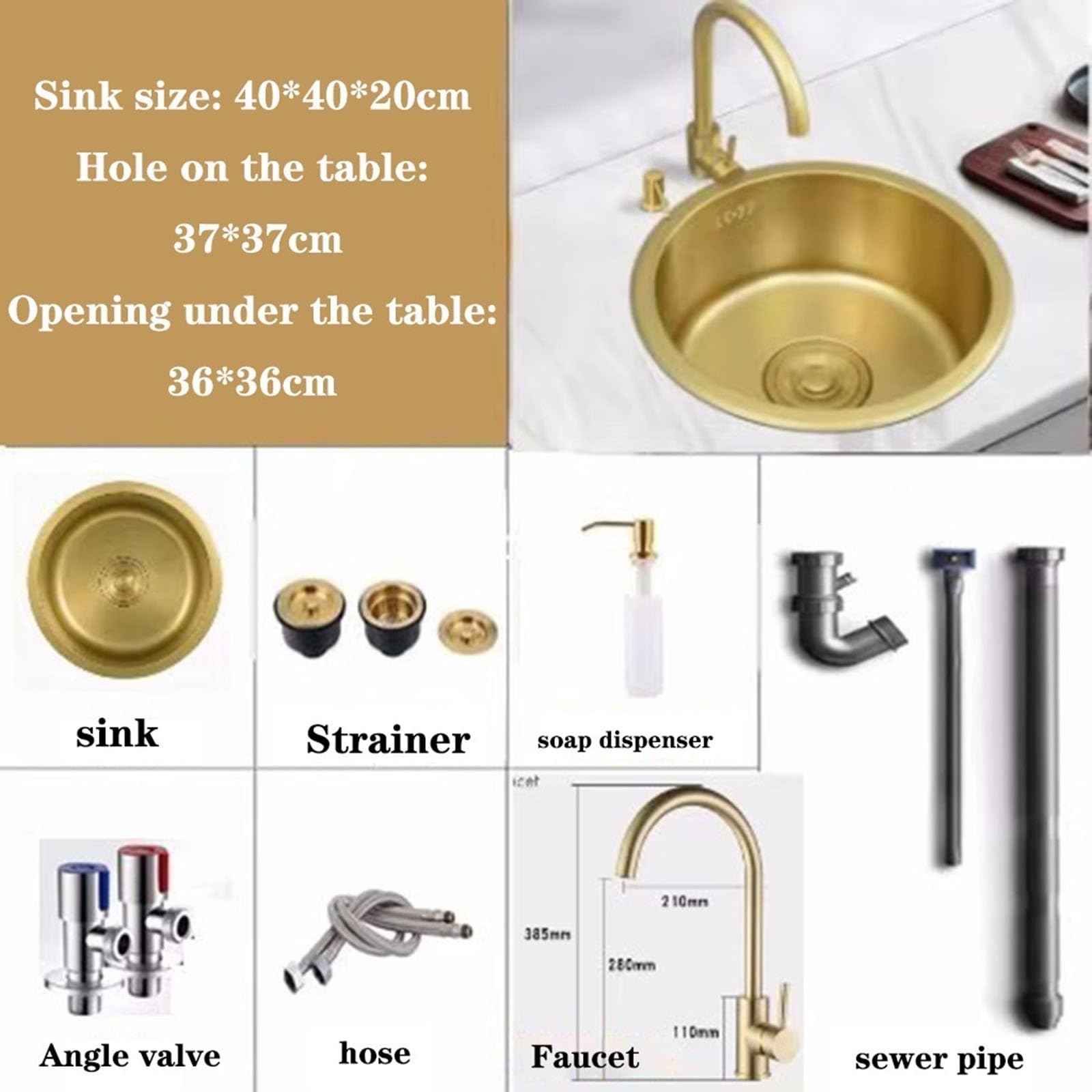 Lavello a sifone a vasca singola in acciaio inox con rubinetto per balcone, cucina, bar, lavello bello e resistente, color oro, 40 x 40 x 2,
