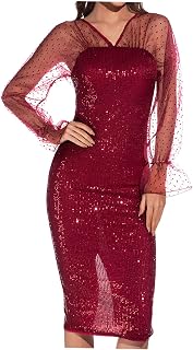 Womens Fashion Slim Fit Dresses Sexy Mesh Sequin Shaped Evening Party Gown Ladies Trendy Cocktail Wedding Guest Dress