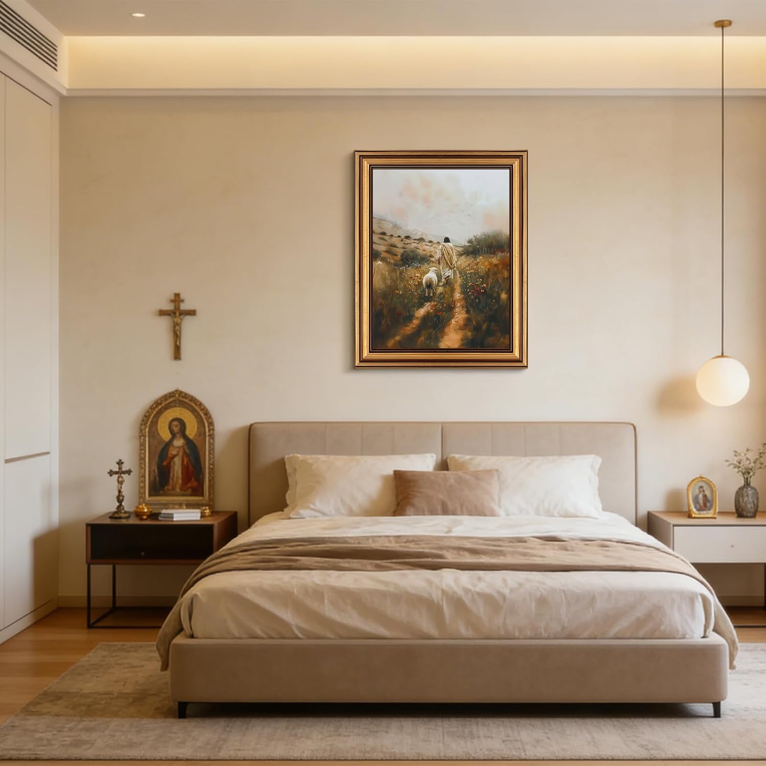 Kabcod Vintage Gold Framed Jesus Leaves the 99 Sheep Canvas Wall Art Christian Wall Decor Picture Jesus and Lamb Painting The Lost Sheep Posters Prints for Living Room Bedroom Church 12x16Inch