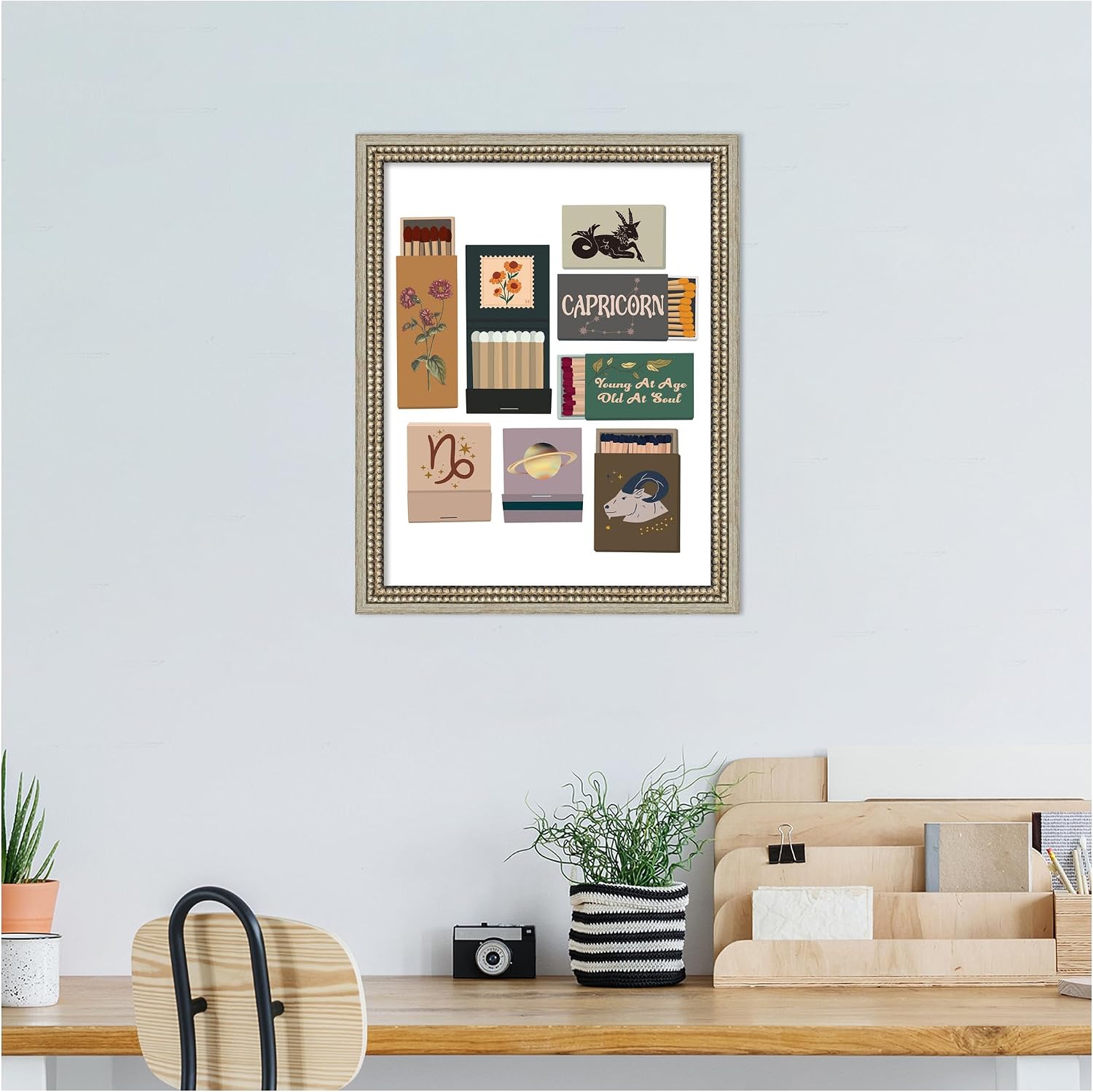 Kate and Laurel Framed Wall Art Print Capricorn Matchbooks 14x18 FC by Megan Ryan, 16 x 20, Castellan Silver Frame, Whimsical, Typography Art for Wall Decor