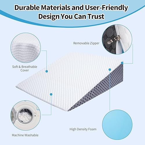 Miniatura 3 de Almohada de cuña de 5 pulgadas para dormir, ronquidos, soporte de espalda, después de cirugía, almohada triangular, con funda lavable, color blanco