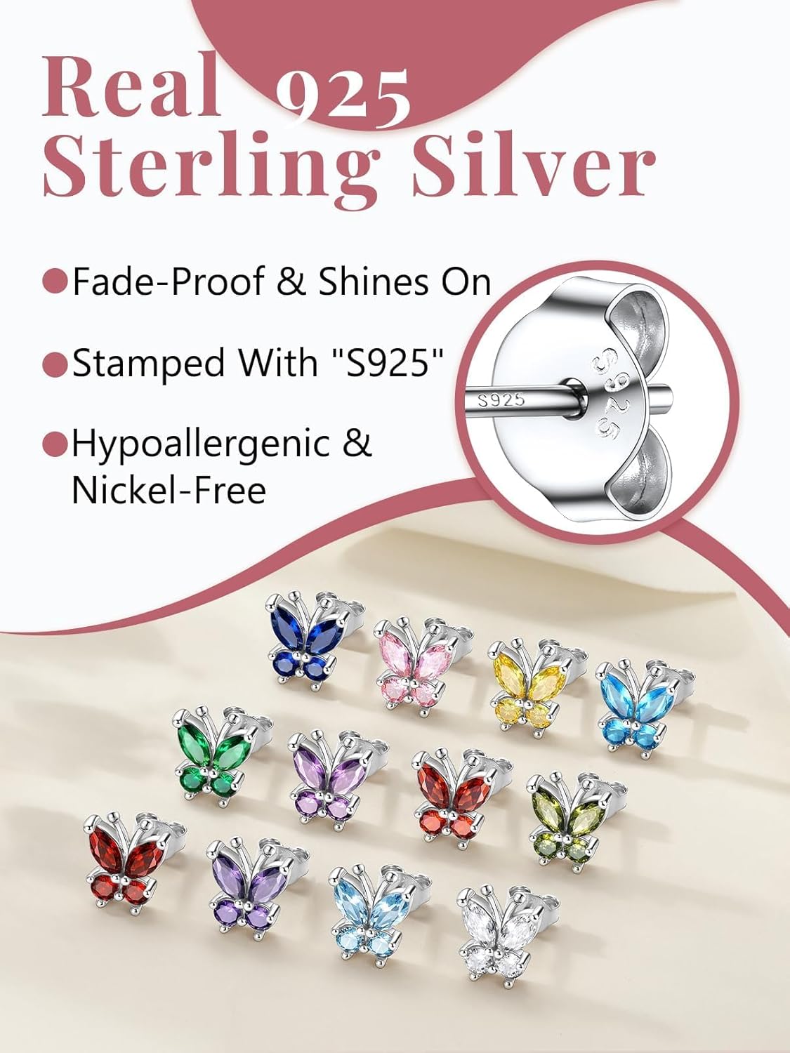 Silvora Birthstone Earrings for Women, 925 Sterling Silver Butterfly Stud, Small Butterfly Earrings Birthstone Jewelry - Image 7